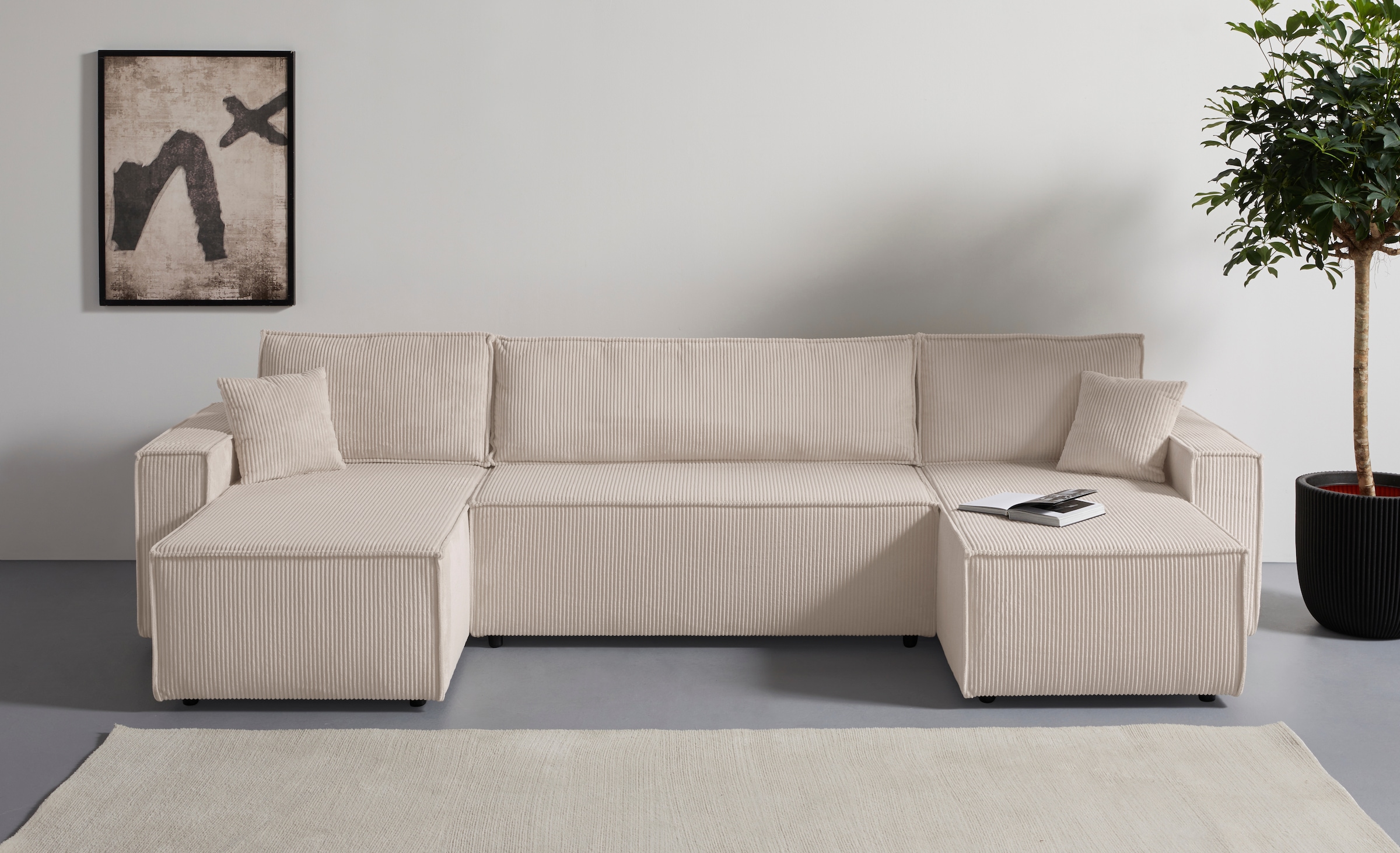 OTTO home Wohnlandschaft »Cassi, 311 cm, U-Form, Schlafsofa, Dauerschläfer, Boxspringfederung«, Schlaffunktion (133/270cm), Bettkasten, Seitentaschen, Cord-Bezug