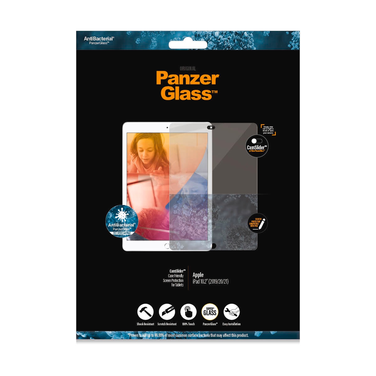 PanzerGlass Displayschutzglas »CamSlider Case Friendly Screen Protection«, für Apple iPad 10.2″, Displayschutzfolie, Schutzfolie, Bildschirmschutz, kratz- & stoßfest
