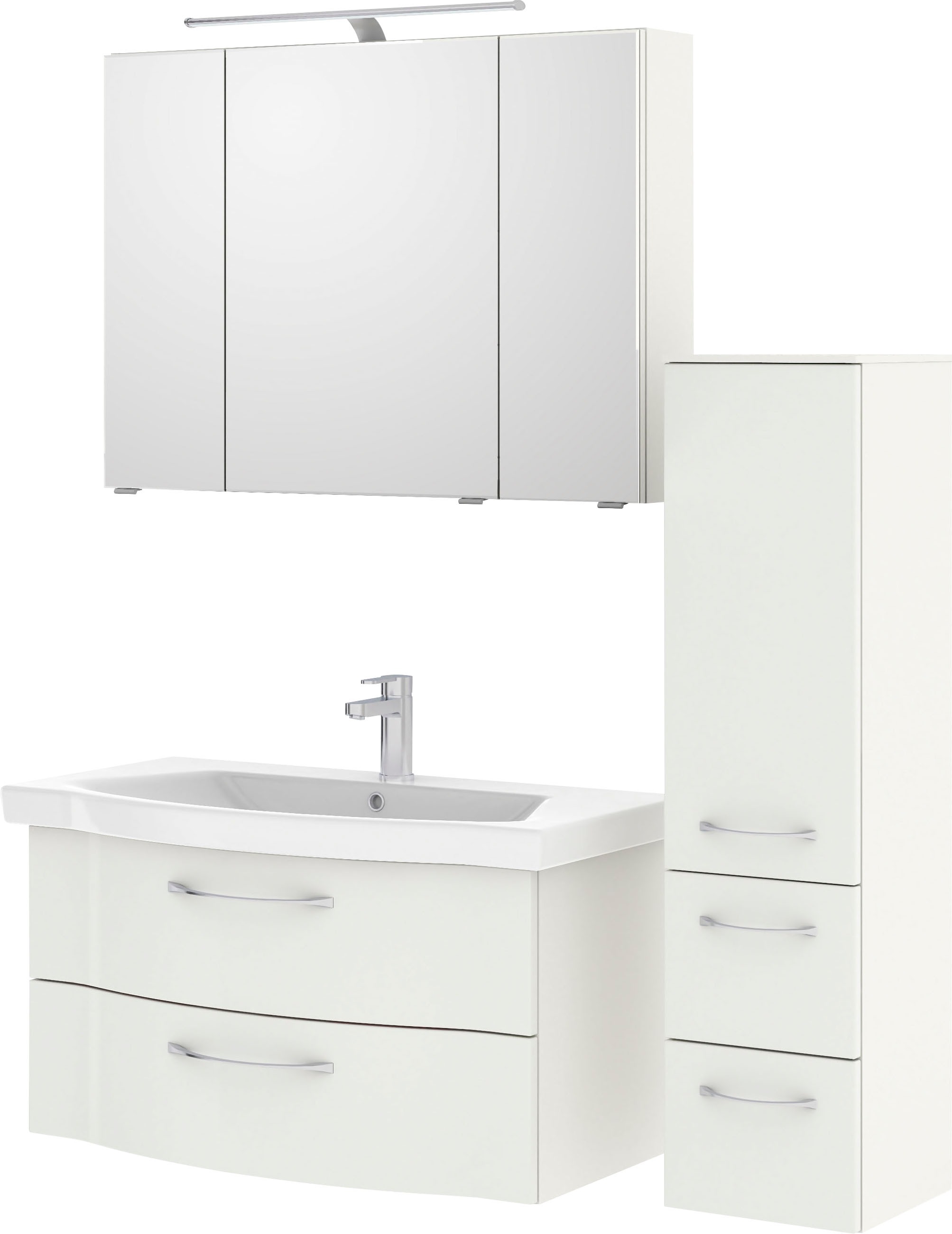 Saphir Badmöbel-Set »6005 Sprint 3-teilig, Keramik-Waschtisch mit LED-Spiegelschrank«, (4 St.), Midischrank, inkl. Türdämpfer, 4 Türen, 4 Schubladen, Bad-Set