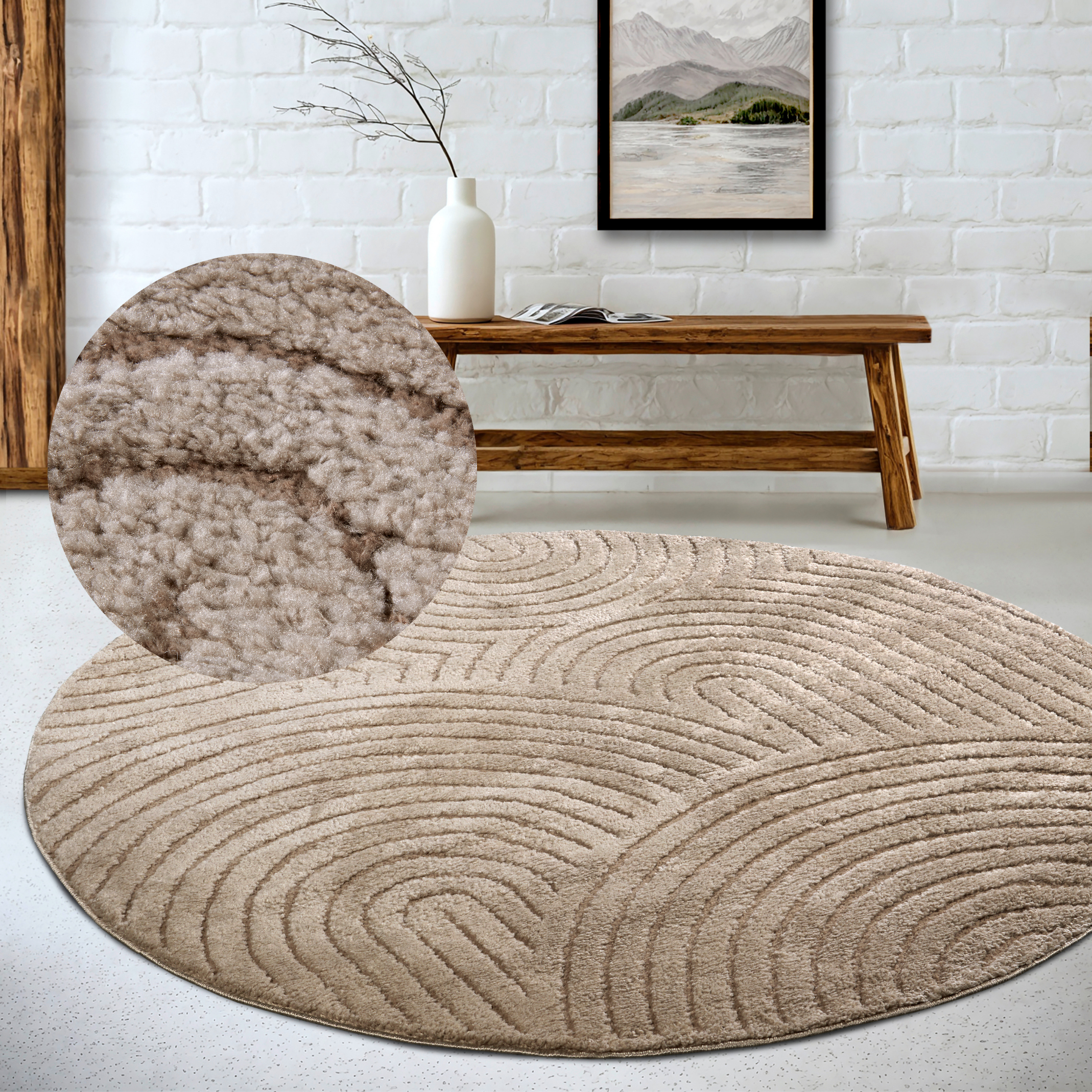 ELLE DECORATION Designteppich "Cosy Panglao, auch als Rundteppich erhältlich" rund 14 mm Höhe uni Kurzflor, Hoch Tief Struktur, modern, Skandi, Boho, Wohnzimmer