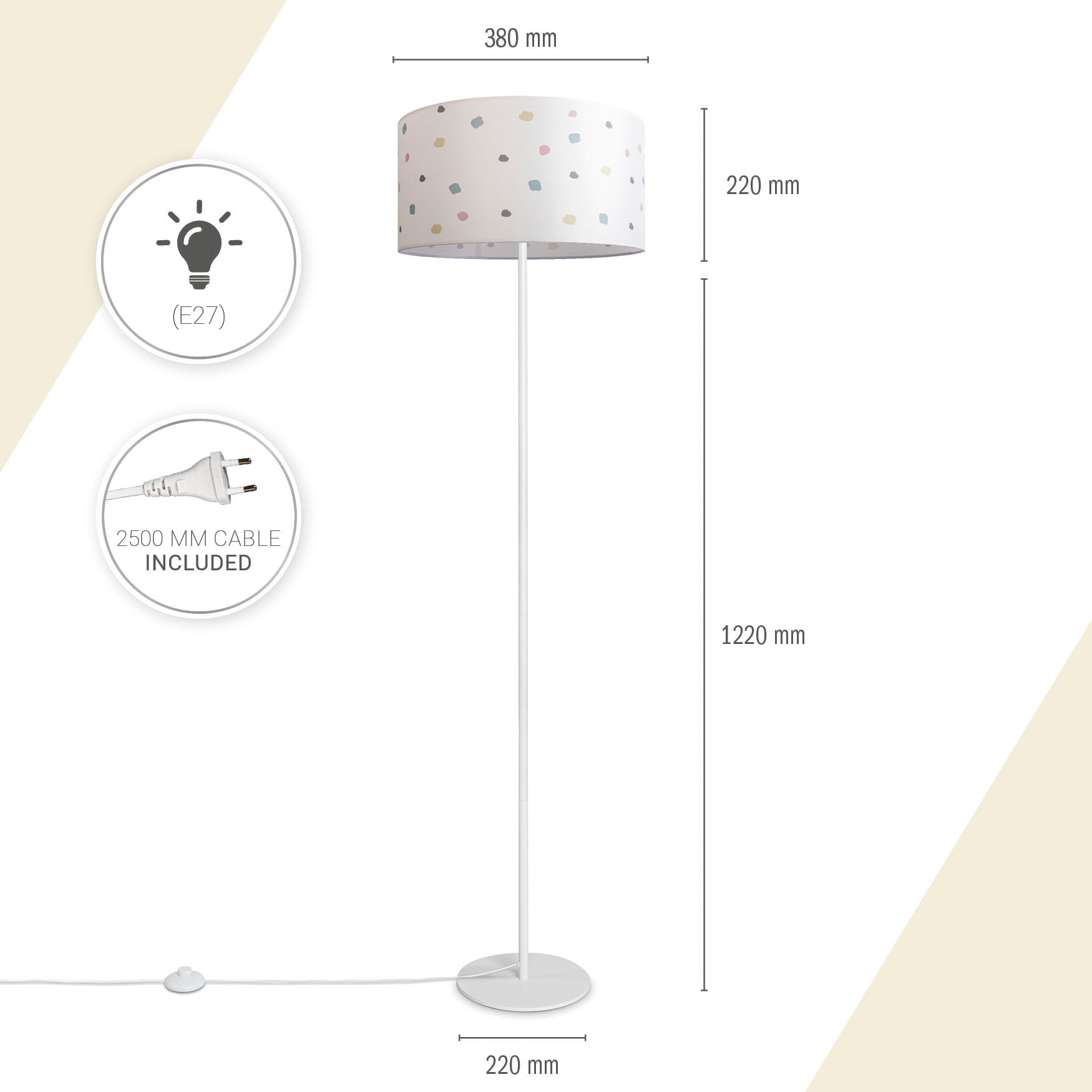 Paco Home Stehlampe »Luca Dots«, Leuchtmittel E27 | ohne Leuchtmittel, Wohnzimmer Stoffschirm E27 Textil Lampenschirm Rund Punkte Stoff