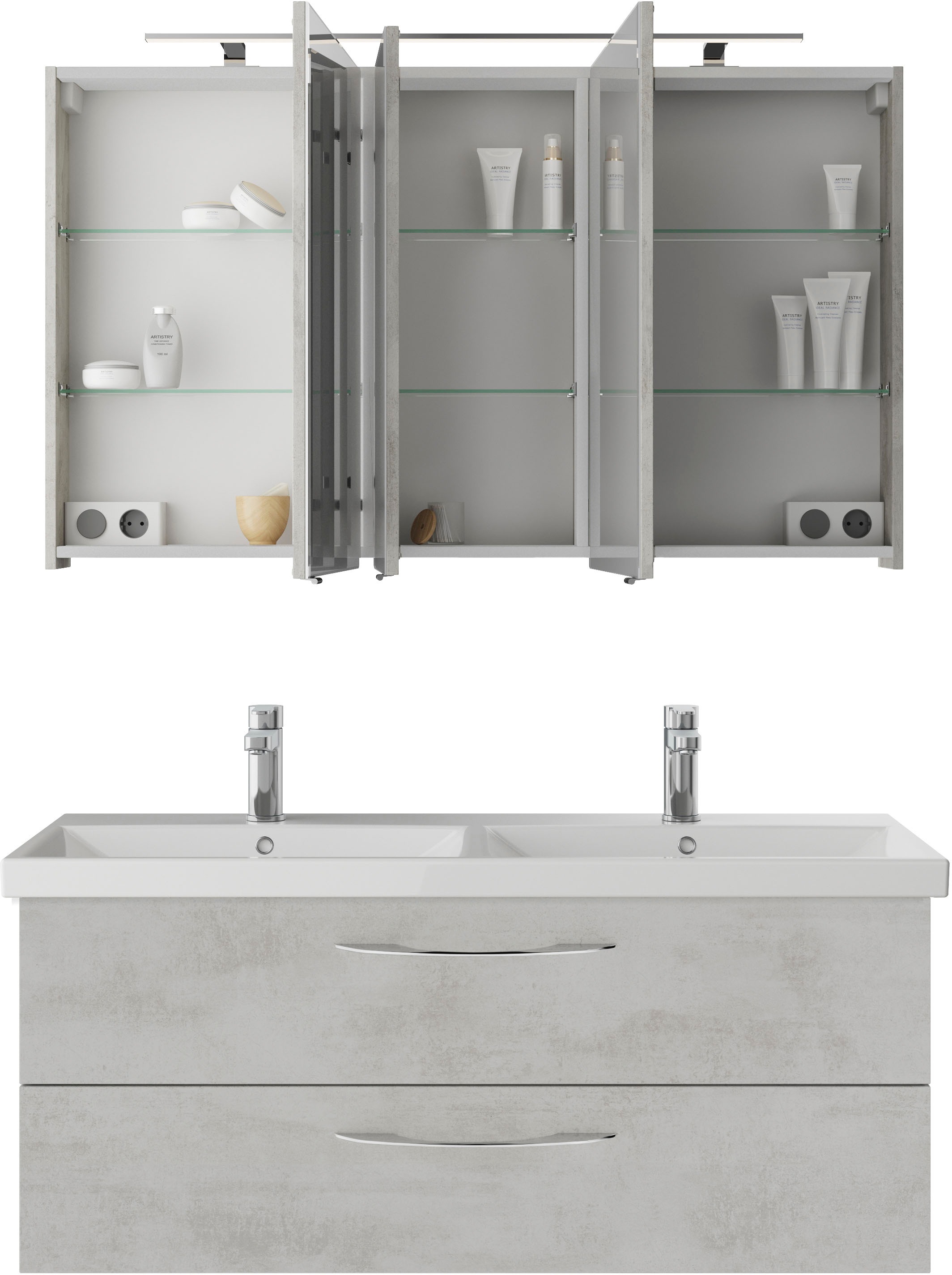 Saphir Badmöbel-Set »Serie 4035 2-teilig, Keramik-Doppelwaschtisch mit LED-Spiegelschrank«, (Set), Doppel-Waschplatz inkl Türdämpfer, 120 cm breit, 2 Schubladen, 3 Türen