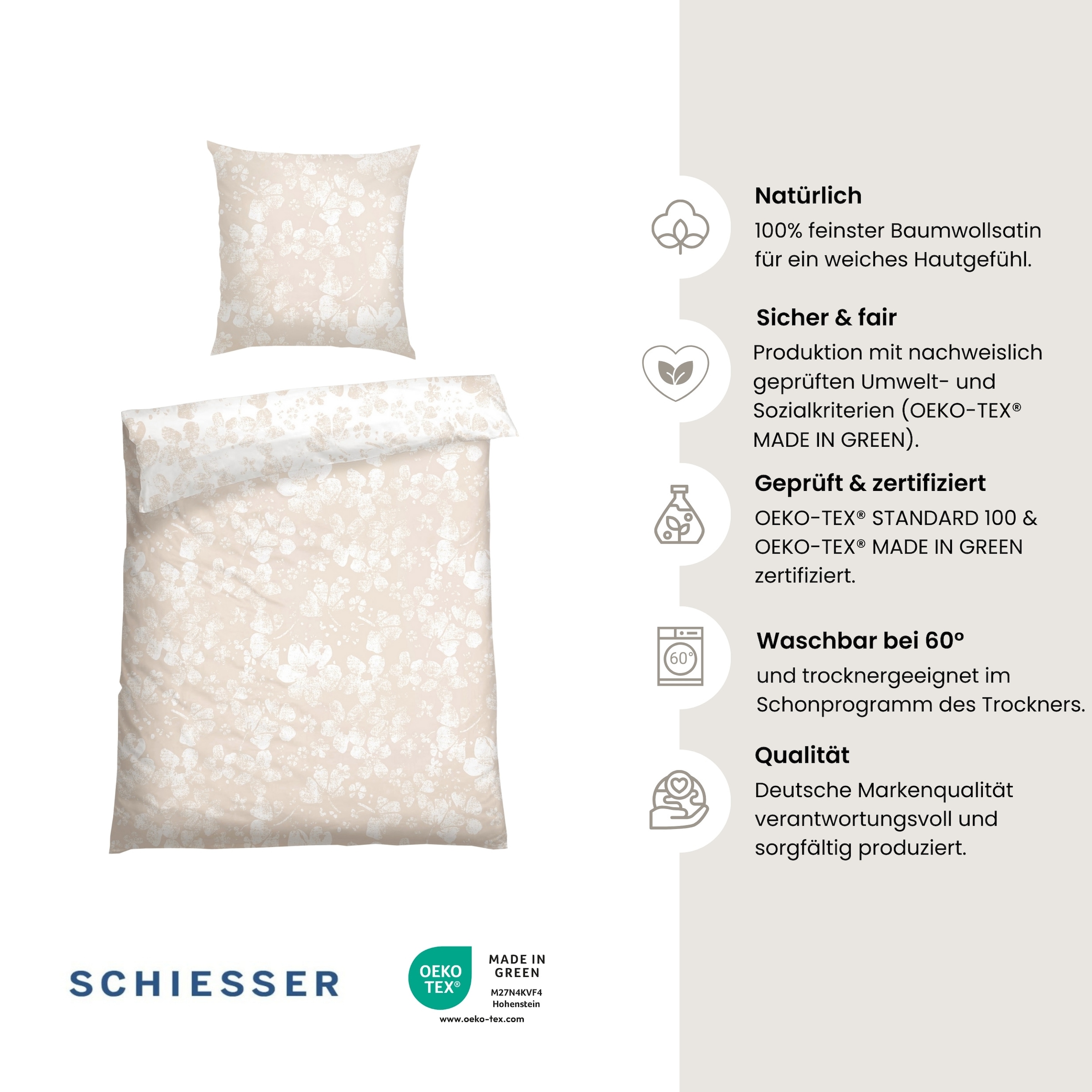 Schiesser Bettwäsche »Mona aus elegantem Baumwollsatin mit floralem Design« 2 tlg. MADE IN GREEN by OEKO-TEX®