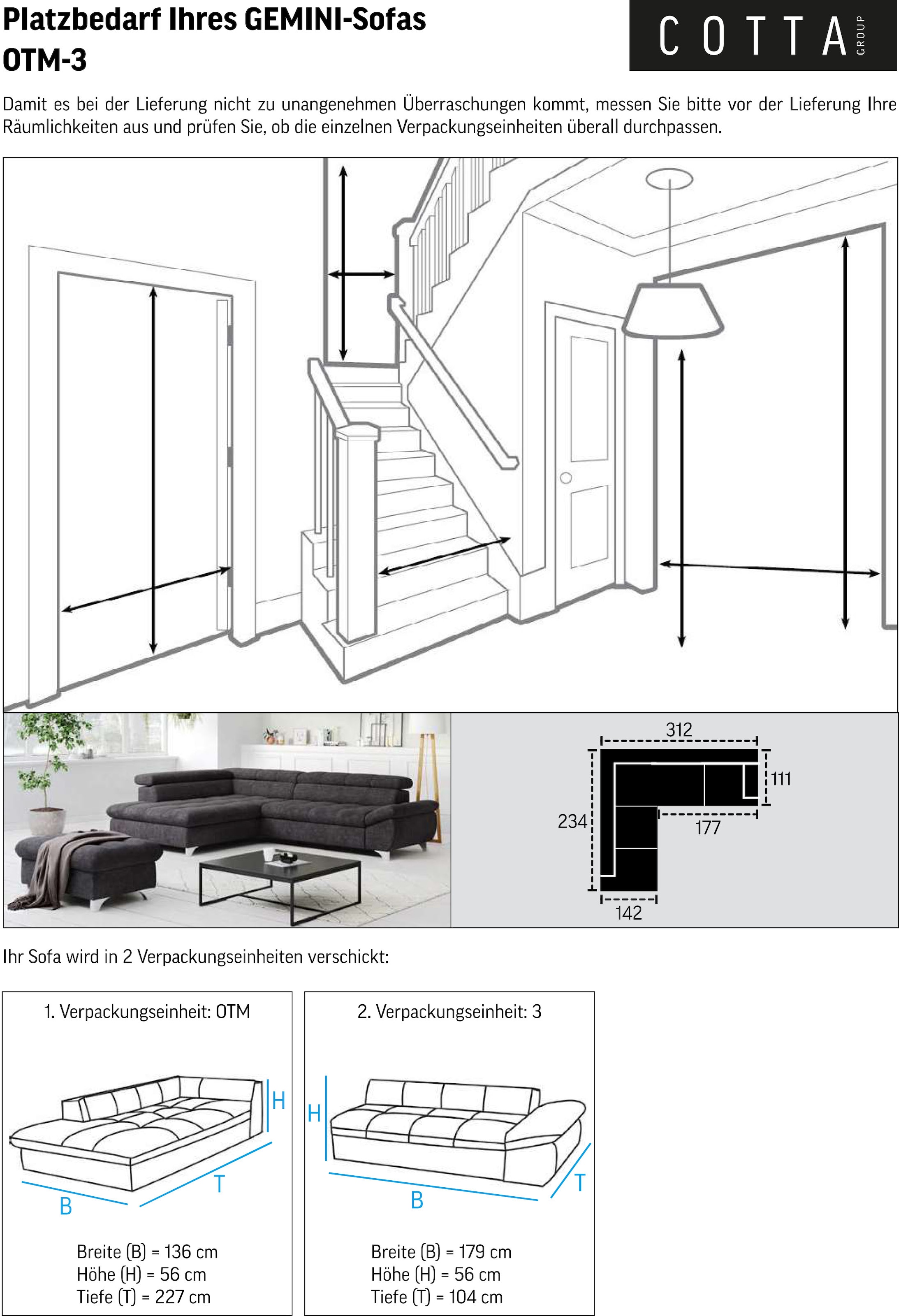 COTTA Ecksofa »Gemini L-Form«, mit Kopfteilverstellung, wahlweise mit Bettfunktion