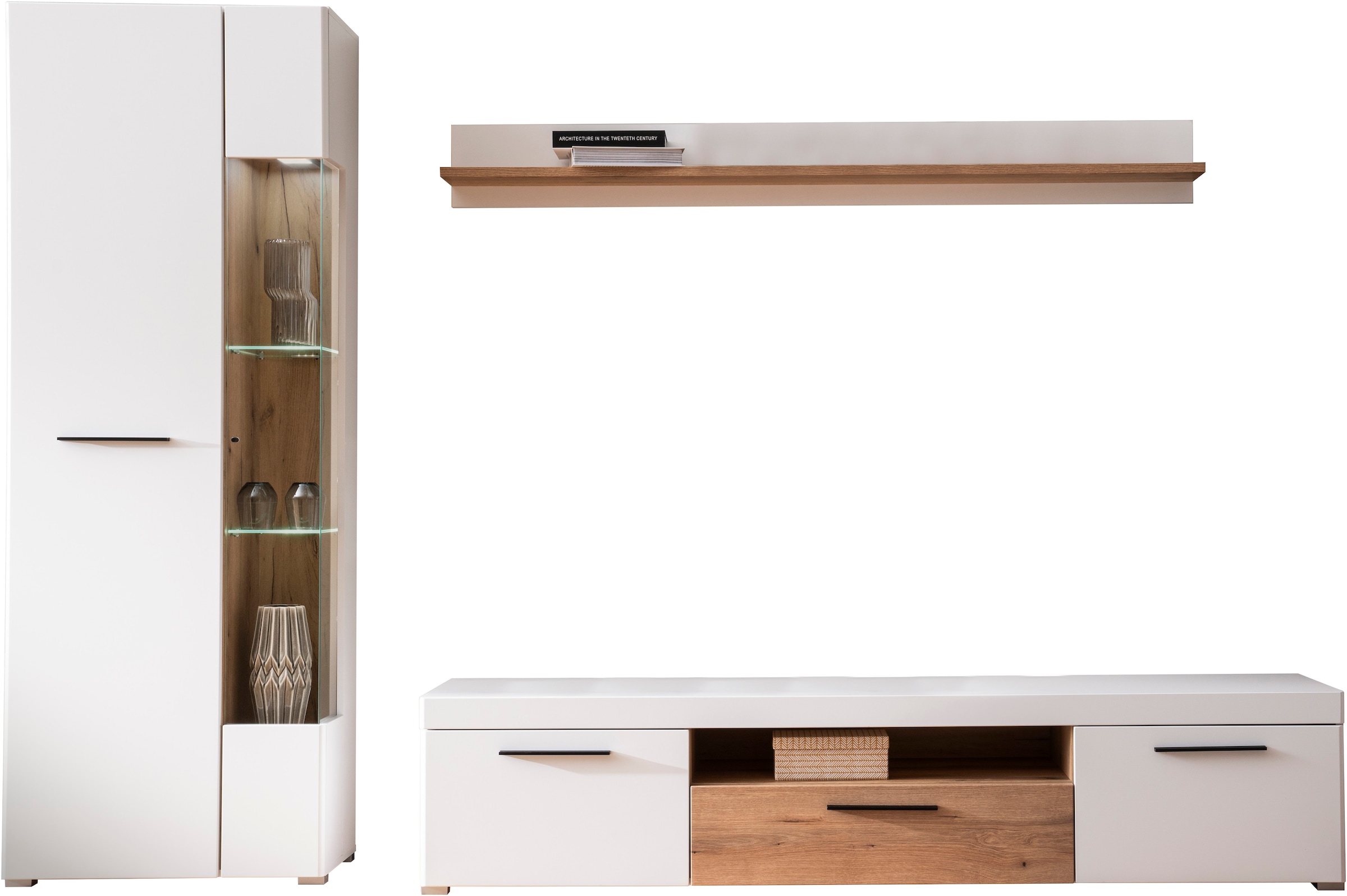 INOSIGN Wohnwand »Salerno, moderne Anbauwand, Wohnzimmer-Set, Weiß mit Eiche Evoke Dekor«, (Set, 3 St.), enthält Vitrine, Lowboard + Wandboard, Metallgriffe, 287 cm breit
