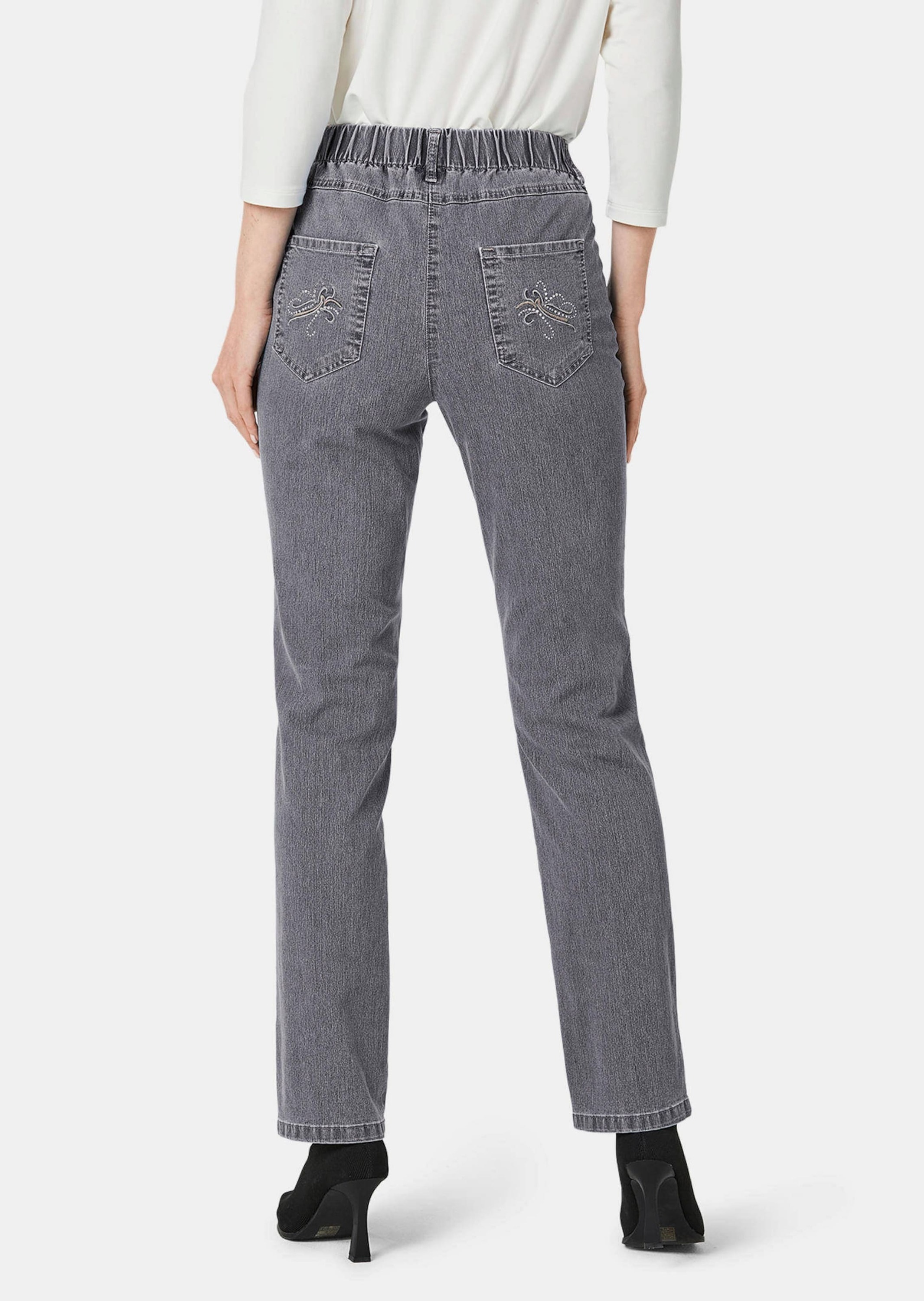 Regular-fit-Jeans GOLDNER "Edel geschmückte Jeansschlupfhose LOUISA", Damen, Gr. 38, N-Gr, grau, Obermaterial: 75% Baumwolle CO. 23% Polyester PES. 2% Elasthan EL., Jeans 3