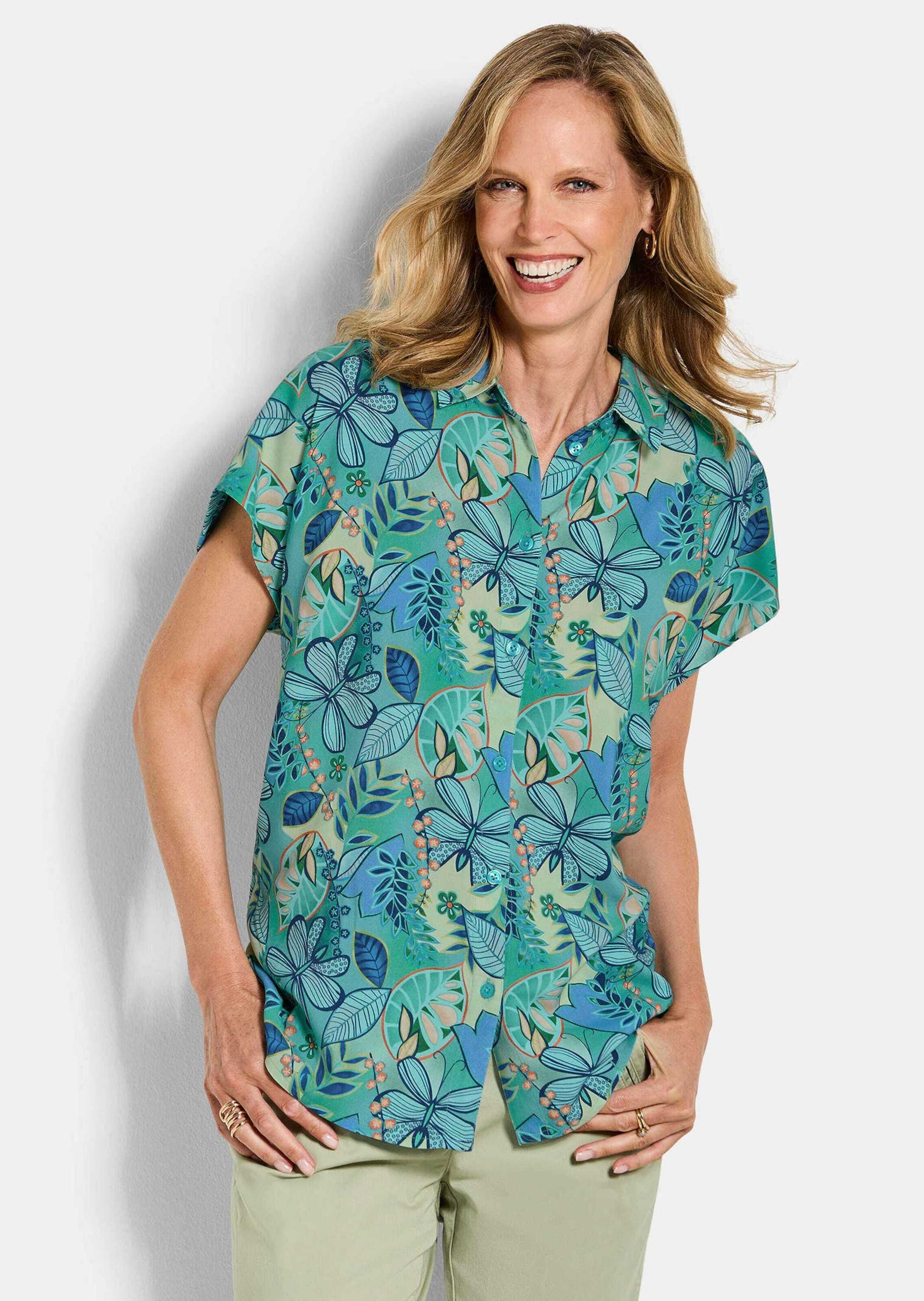 Hemdbluse GOLDNER "Hemdbluse mit floralem Design", Damen, Gr. 44, grün (salbei, gemustert), Obermaterial: 100% Viskose CV., figurumspielend, Blusen Hemdbluse, Sattel im Rückenteil 2