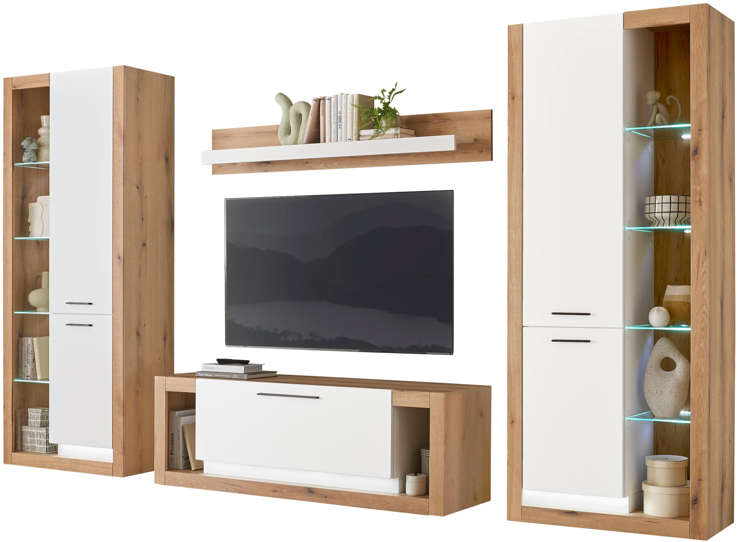 INOSIGN Wohnwand »Brixen, moderne Anbauwand, Wohnzimmer-Set, Eiche Evoke Dekor mit Weiß«, (Set, 4 St.), enthält Stauraumelemente, Lowboard und Wandboard