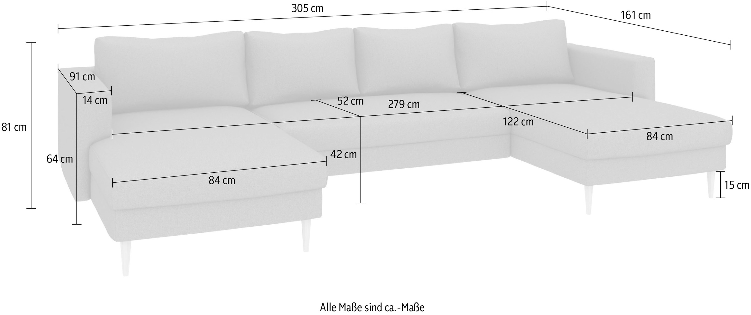 TRENDMANUFAKTUR Wohnlandschaft »Amazing, wahlw. mit Schlaffunktion & Bettkasten, Fuß Buche lackiert« Sofa in U-Form, in Cord oder Struktur, Breite 305 cm