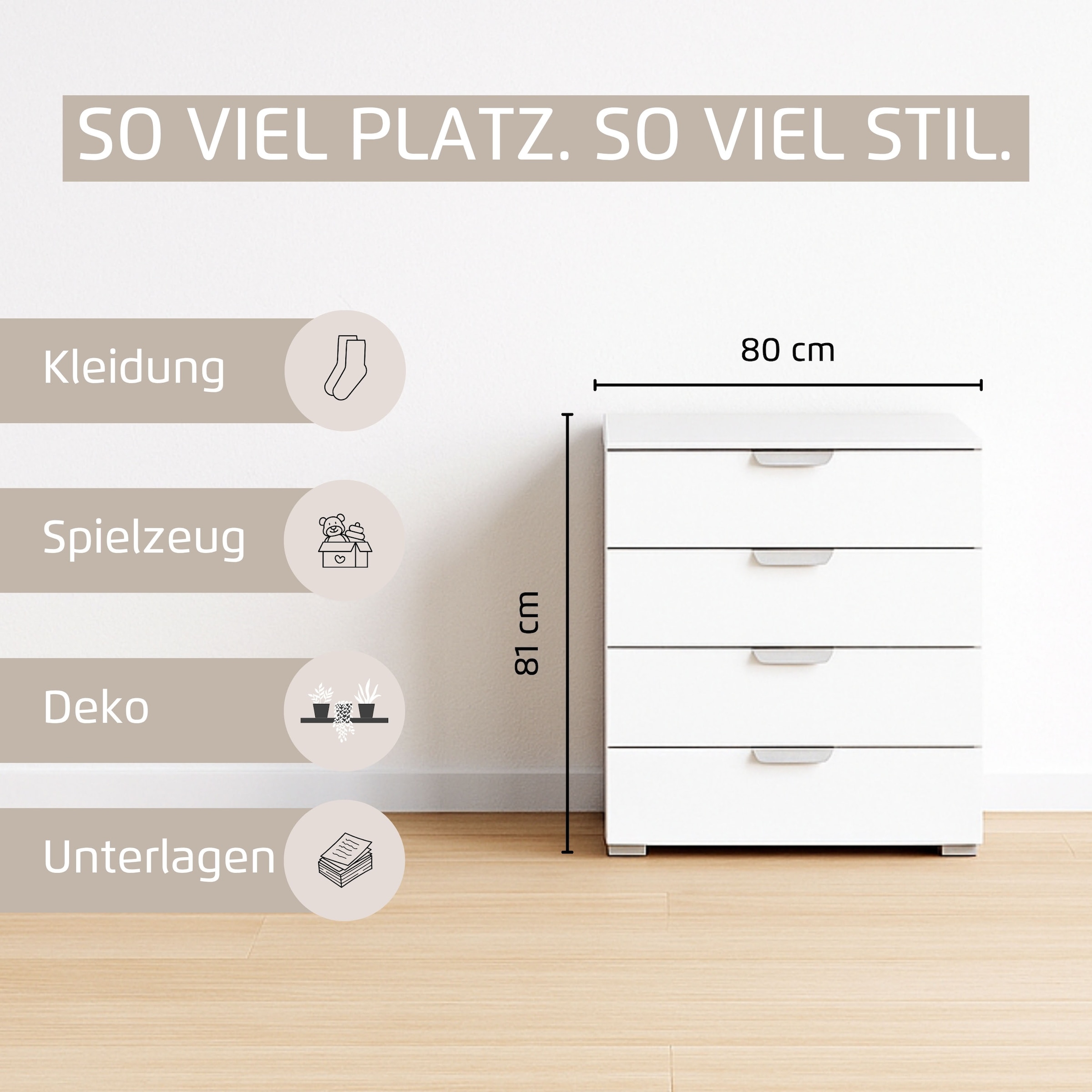 rauch Schubkastenkommode »Sideboard Schubladenkommode ORIAS mit Dekor- oder Hochglanzfront«, (Breite 80 cm inkl. Soft-Close-Funktion), vier große und geräumige Schubladen mit viel Stauraum MADE IN GERMANY