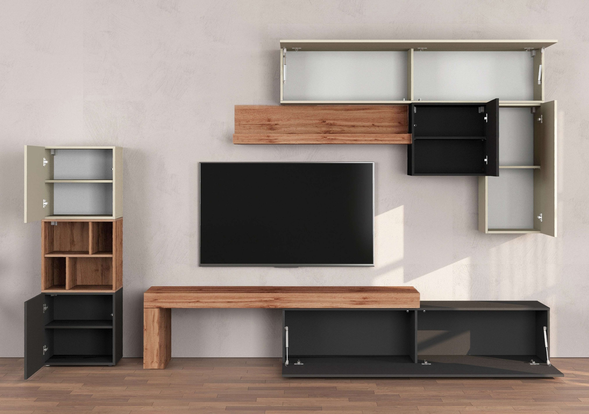 INOSIGN Wohnwand »Chronos Wohnwand, Medienwand, 8-er set«, (Set, 8 St.), ca. 320 cm mit Hängeschränke, Würfel, Regal, Lowboard, Made in Italy