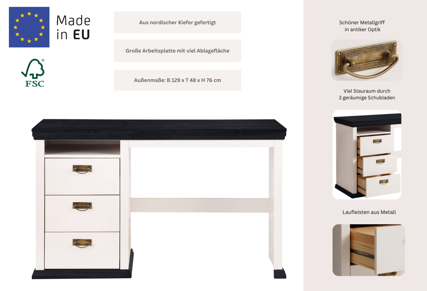 Thumbnail - Home affaire Schreibtisch "Konrad" aus zertifiziertem Massivholz, mit Schubladen, Breite 129 cm