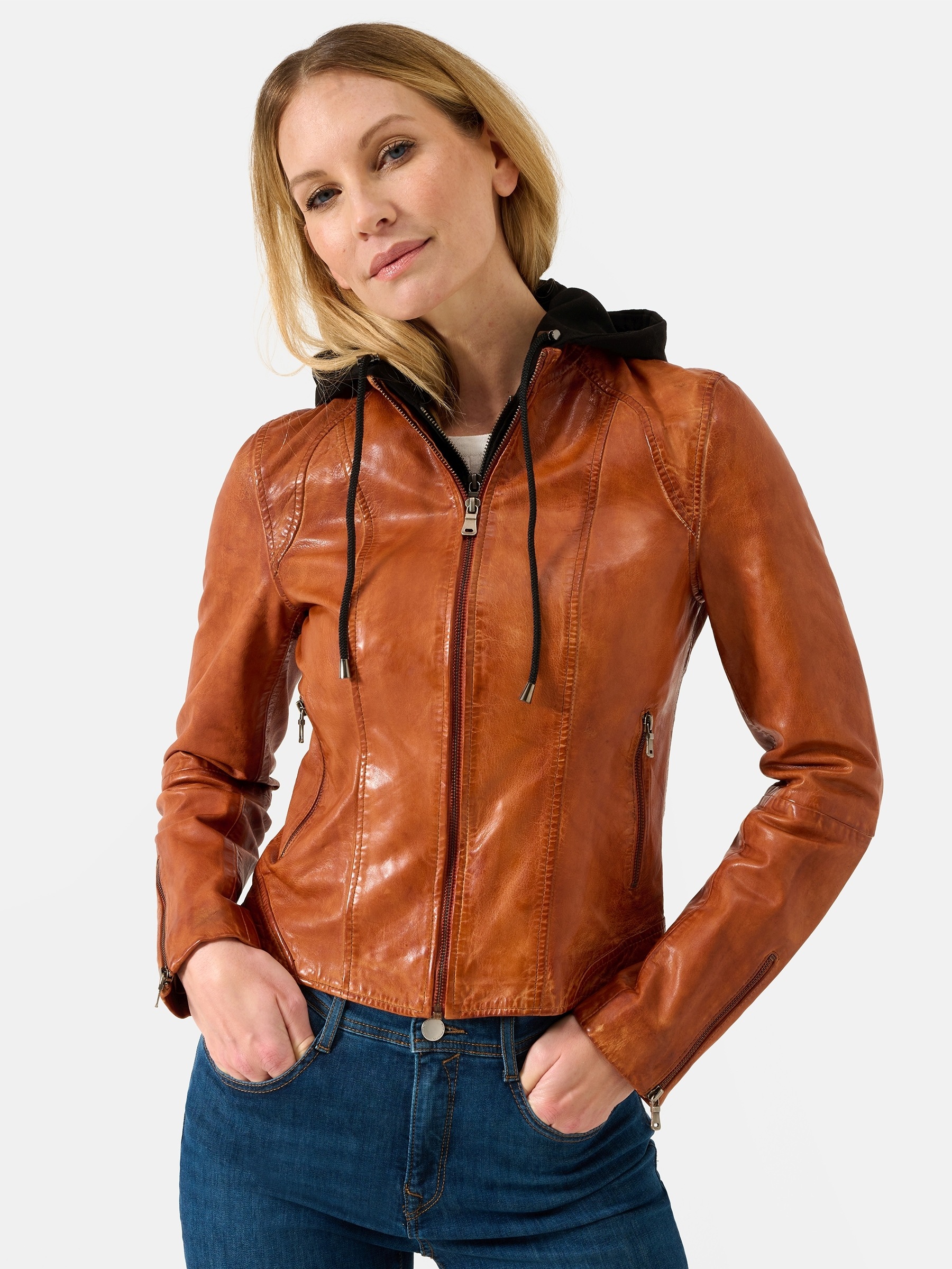 RICANO Lederjacke »Lederjacke Dalia« Abnehmbare Kapuze Handgefertigt aus echtem Leder
