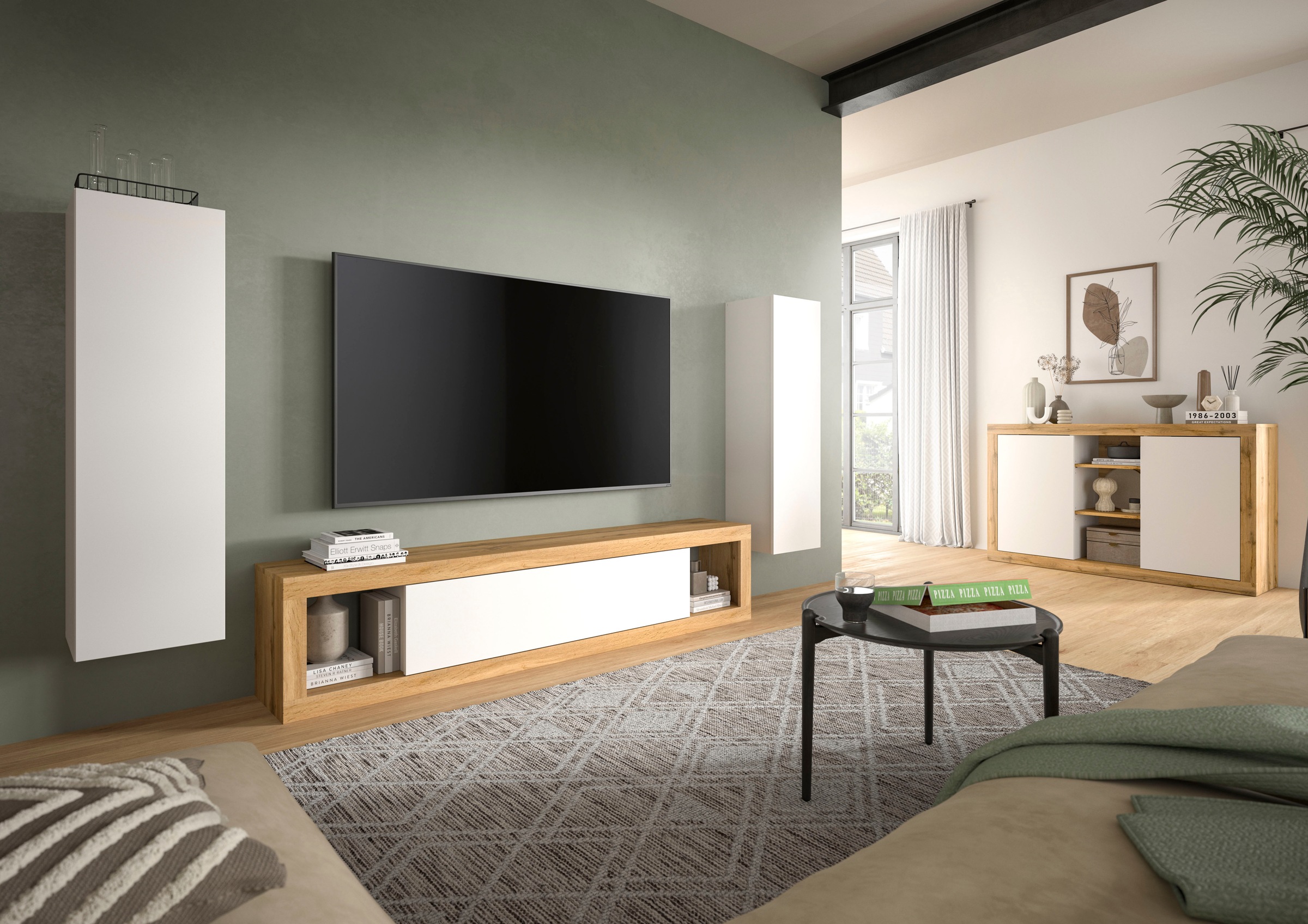 INOSIGN Lowboard »Trinity, Breite 150 cm, stehend und hängend, 1 Klappe,«, 2 offene Fächer, grifflose Fronten, TV-Möbel, TV Schrank, Hängeschrank
