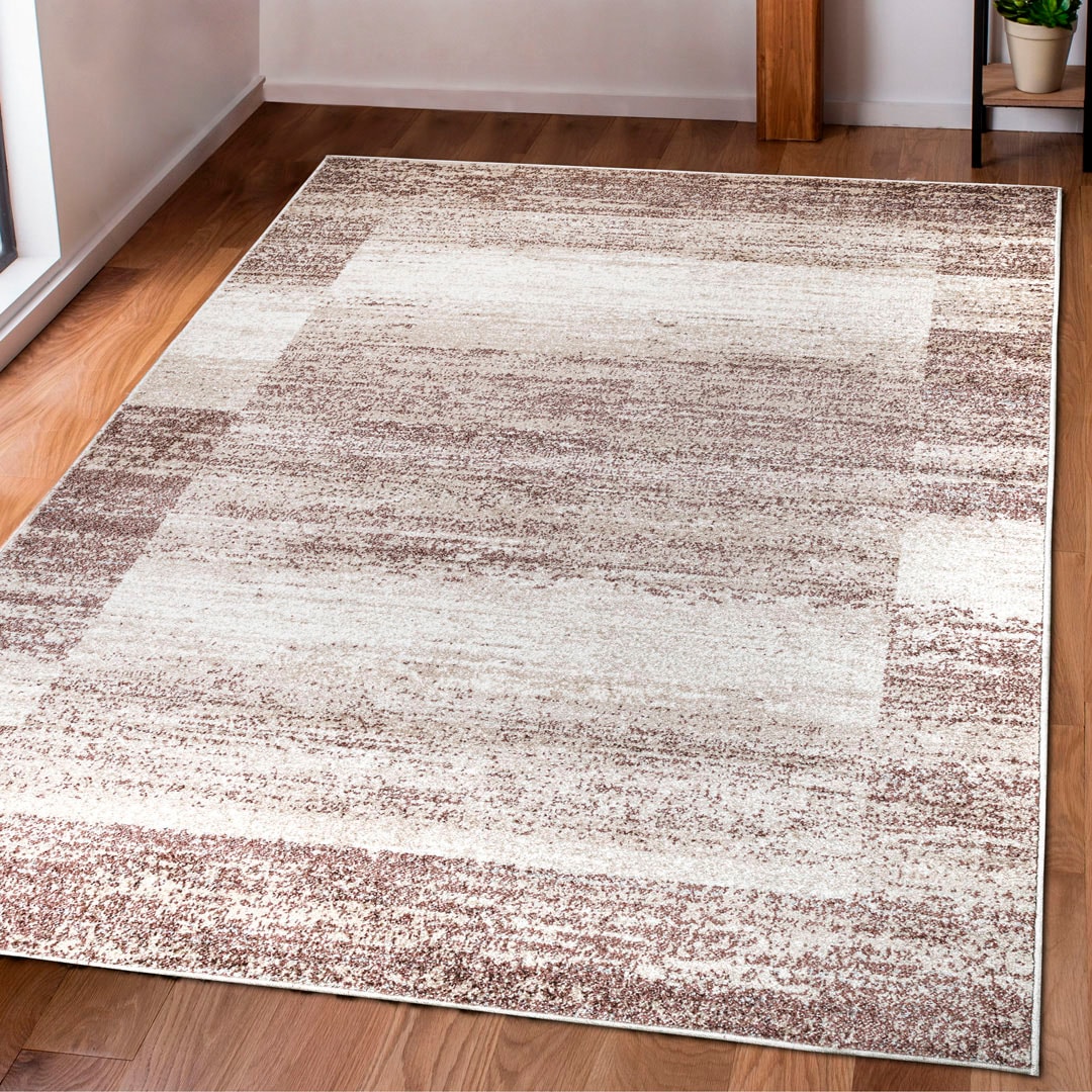 Teppich OTTO HOME "Beldre" Gr. 31, beige (sand), B:280cm H:9mm L:380cm, Kunstfaser, Teppiche, Teppich, mit besonders weichem Flor, Kurzflor, modernes Design, mit Bordüre