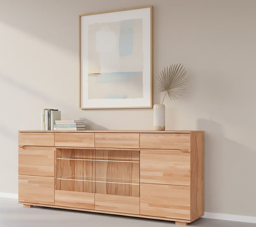OTTO home Sideboard "VETRO Teilmassiv, Fronten Massivholz, Wohnzimmer, Stauraum,Griffmulde" B/T/H:199/40/85cm, 2 Schubladen, 7Fächer