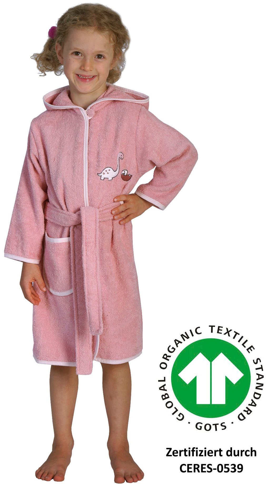 Kinderbademantel WÖRNER, rosa, Baumwolle, Hausmäntel, "Dinofamilie", Biobaumwolle, mit Stickerei, mit Tasche