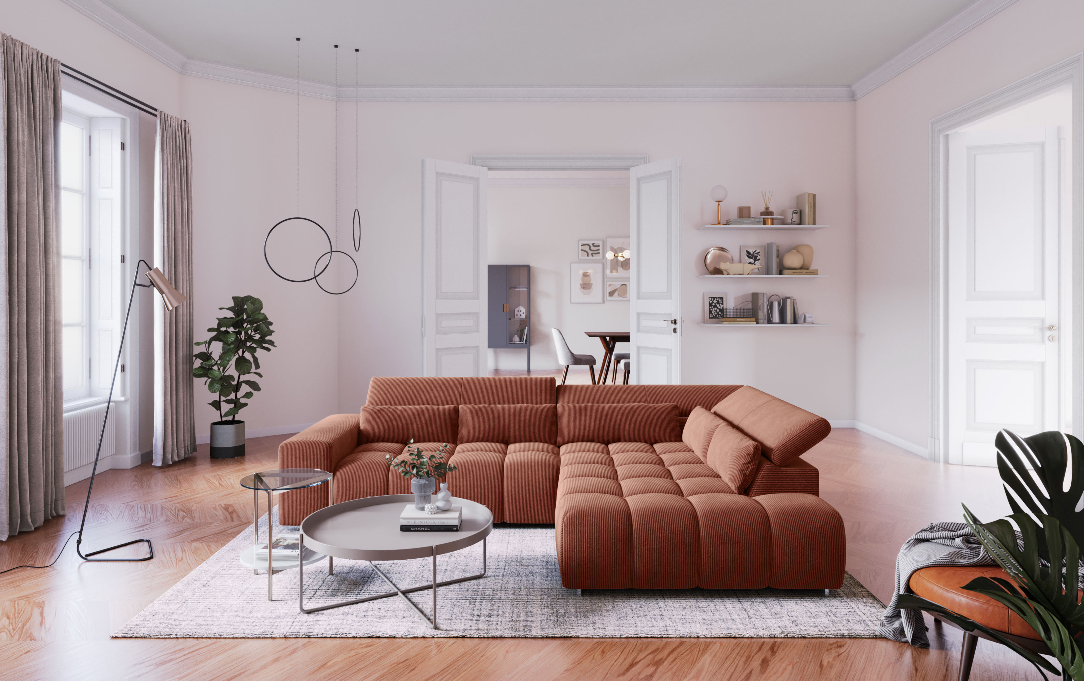 COTTA Ecksofa "Orion L-Form, B: 310 cm, moderne Steppung, bequeme Wellenunterfederung" Kopfteilverstellung & 5 Nierenkissen