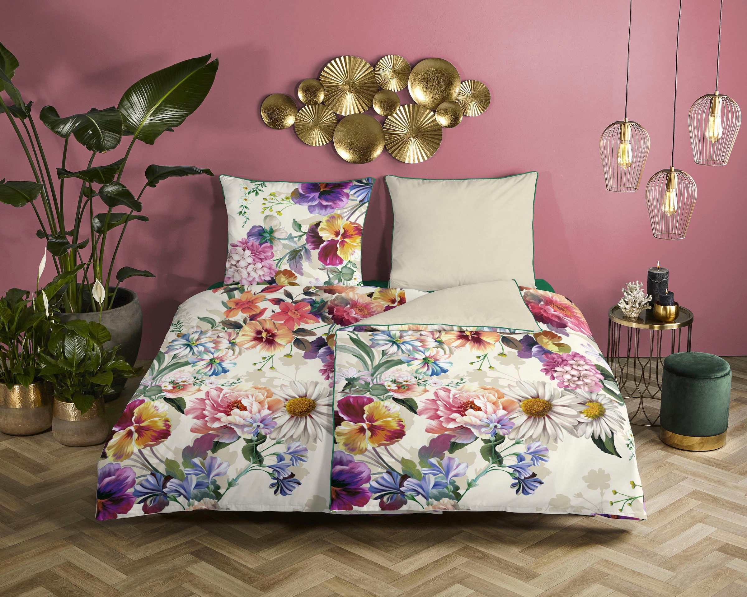 Descanso Wendebettwäsche »Novara«, Baumwolle, Satin, 135x200, Biese, Reißverschluss, Wende, Blumen, Natur
