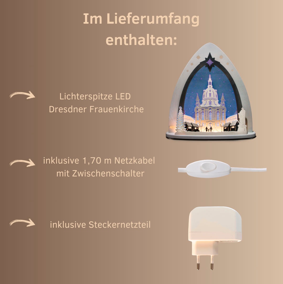 Thumbnail - Weigla Lichterbogen "Dresdner Frauenkirche, moderne LED Lichterspitze aus Holz & Acrylglas" 1 Stk. Erzgebirge garantiert...