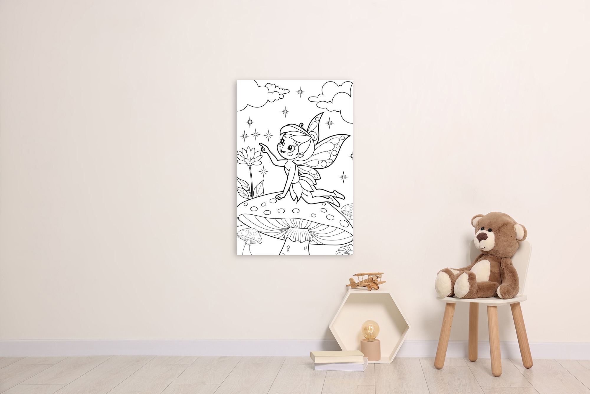 queence Bild »Elfe auf Fliegenpilz«, Blätter-Blätterbilder-Blumen-Blumenbilder-Feen-Figuren-klassische Fantasie-Märchen-Mädchen-Märchenbilder-Wichtel, (1 St.), DIY Wandbild aus Dibond