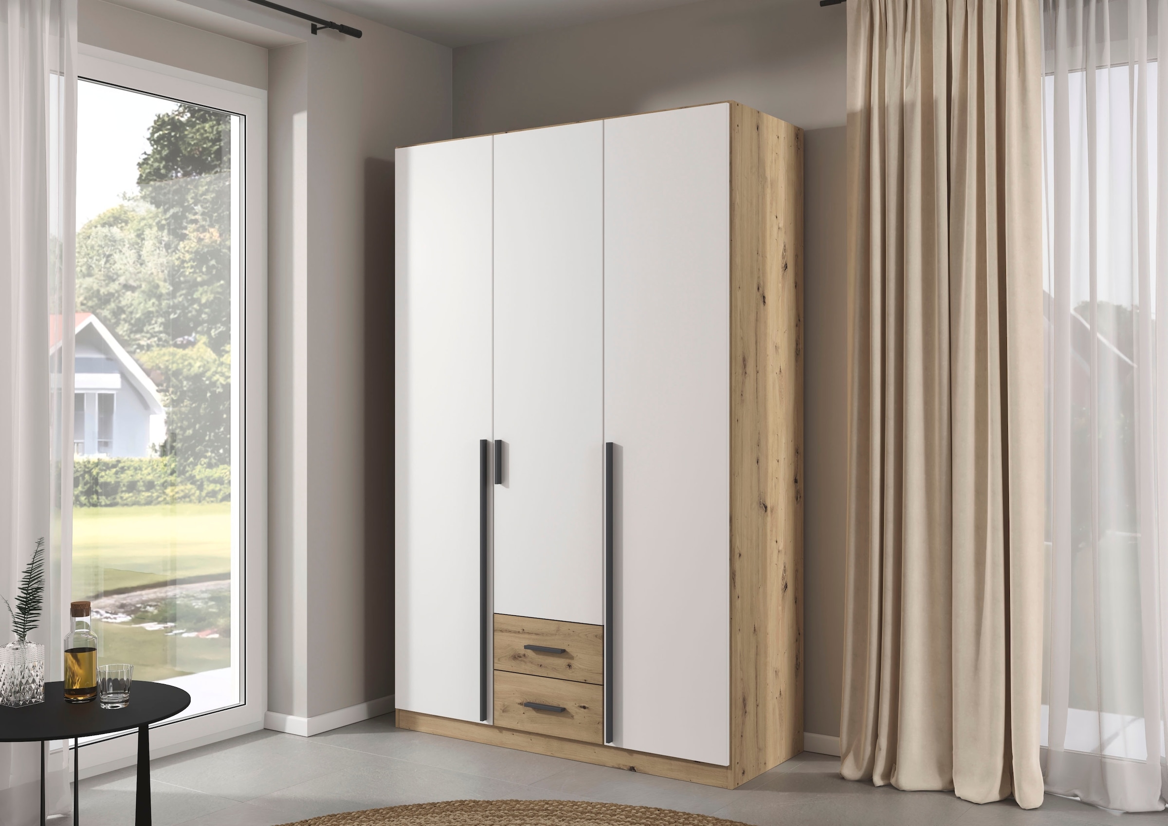 rauch Drehtürenschrank "Kleiderschrank Garderobe GAMMA Breite 136 cm" in 3 Ausstattungen BASIC/CLASSIC/PREMIUM (inkl. SOFT-CLOSE-Funktion), mit Schubladen, verschiedene Griff-Varianten TOPSELLER MADE IN GERMANY