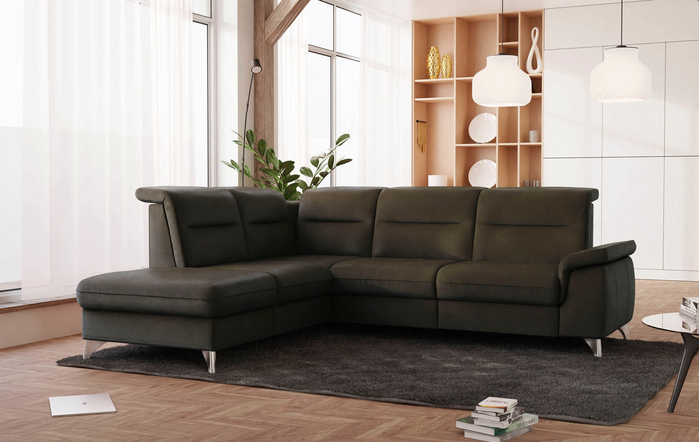 Wohnlandschaft SIT & MORE "Astoria U-Form", grün (olive), B:327cm H:91cm T:225cm, 100% Polyester, Sofas, Wohnlandschaft, wahlweise mit motorischer Relaxfunktion 4