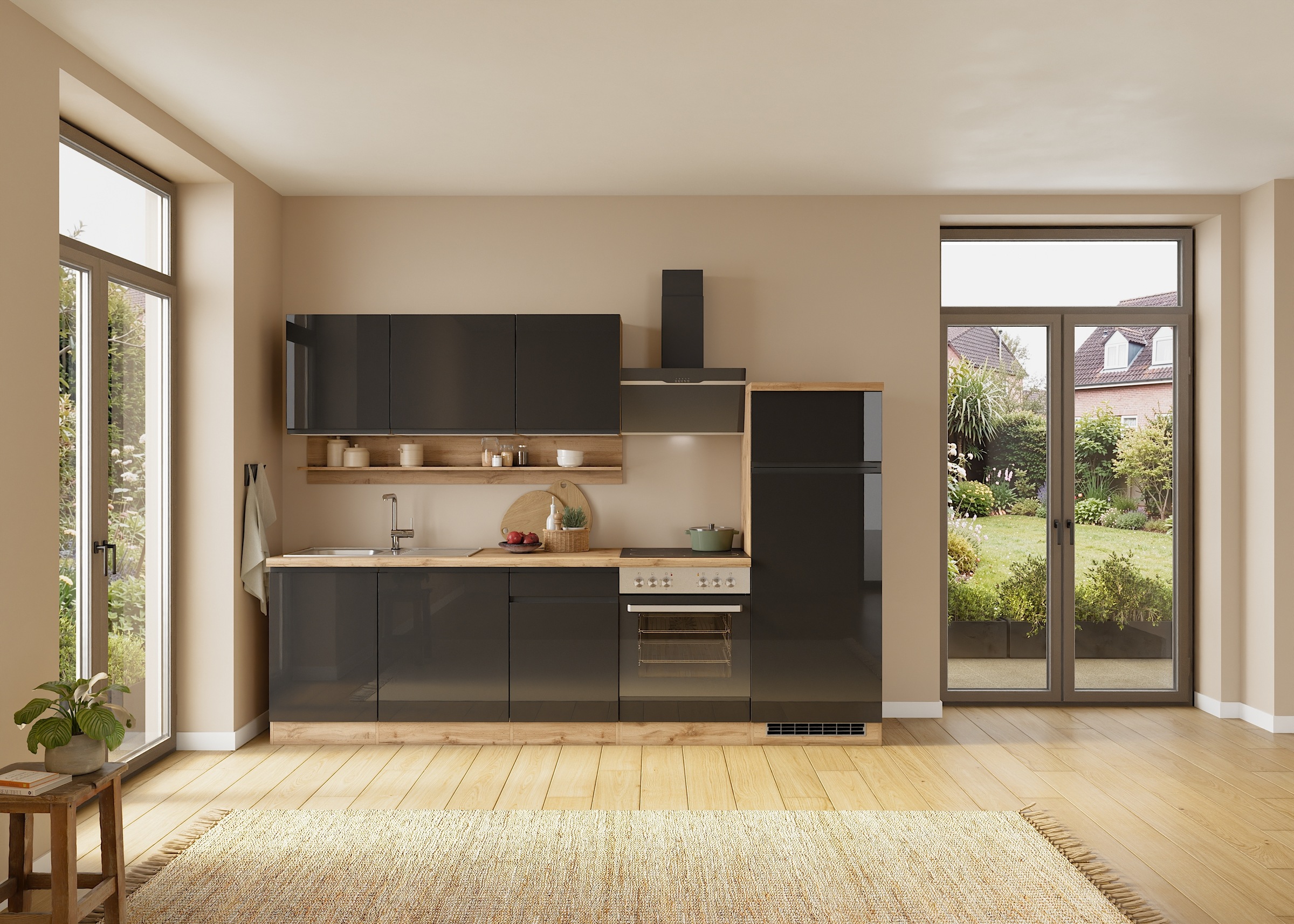 KOCHSTATION Küchenzeile "KS-Virginia,neu in verbesserter Ausführung" Arbeitsplatte 38 mm stark, Stauraum, Softclose, Breite 280 cm, Soft-Close, wahlweise mit E-Geräten