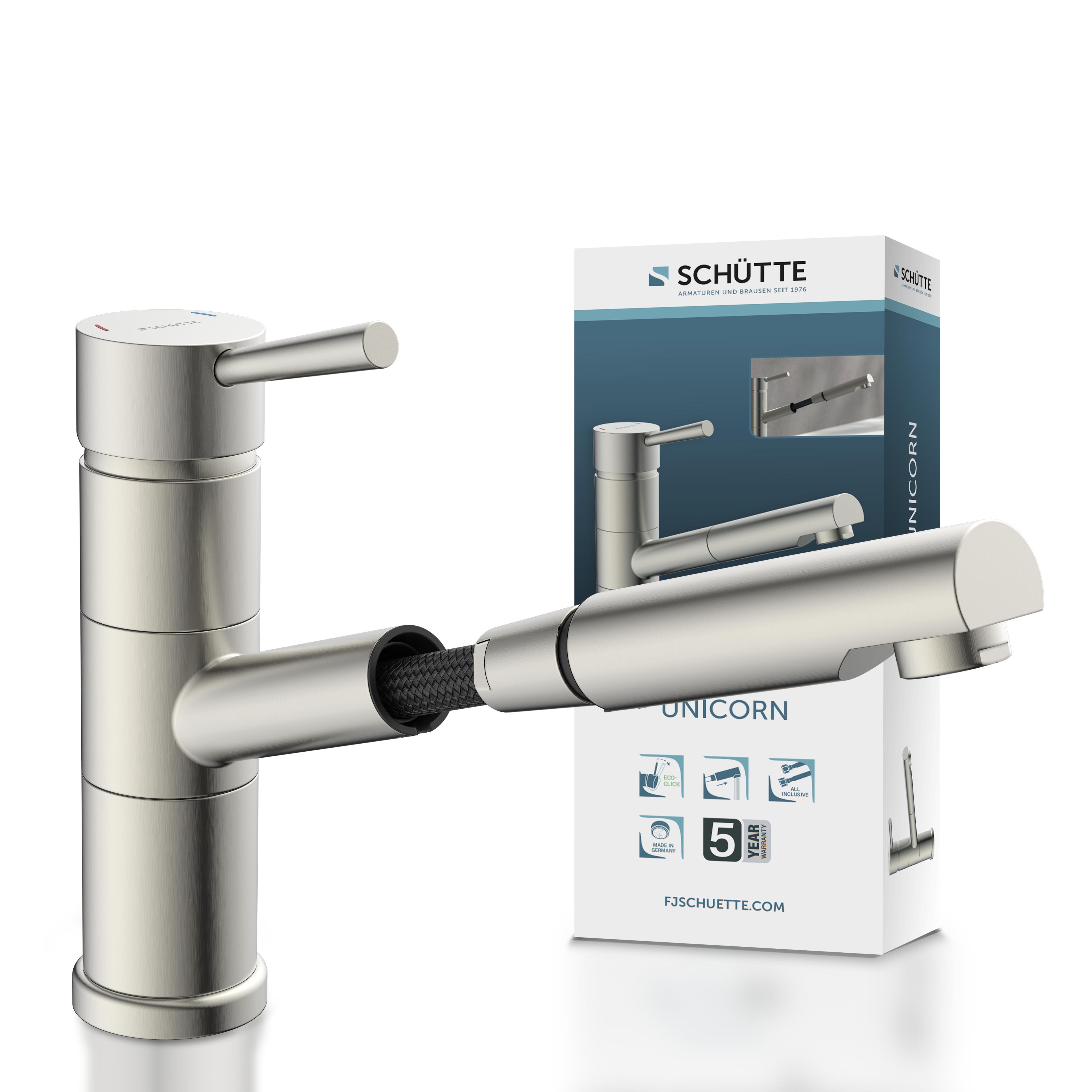 Spültischarmatur SCHÜTTE, B:6cm H:20cm T:23cm Ø:6cm, silber, Messing, Küche, Armaturen, "UNICORN", Hochdruck Küchenarmatur mit Geschirrbrause,