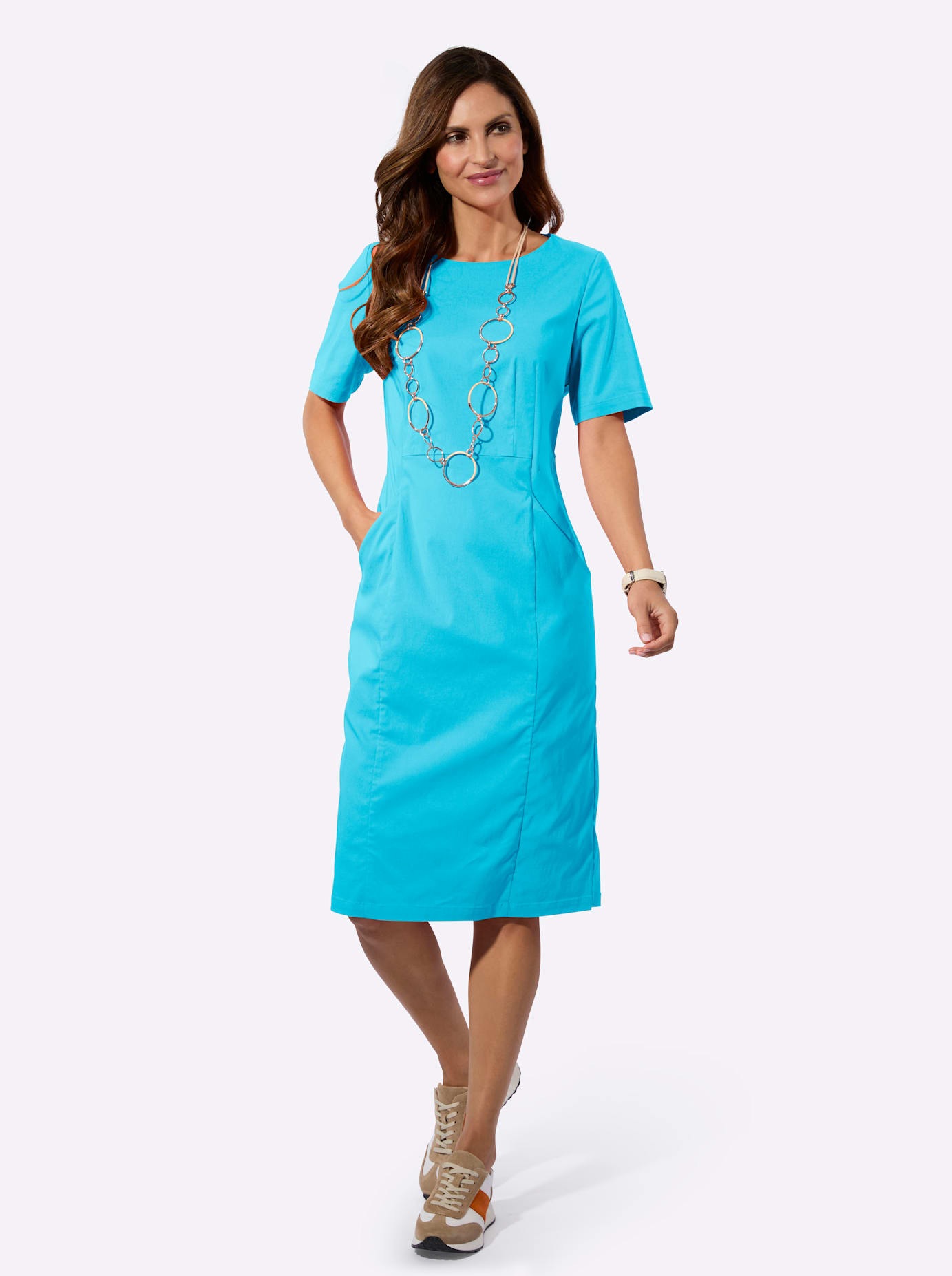 Etuikleid INSPIRATIONEN "Bengalin-Kleid", Damen, Gr. 36, Normalgrößen, türkis, 72% Viskose, 25% Polyamid, 3% Elasthan, unifarben, knielang, U-Boot-Ausschnitt, Kleider Etuikleid