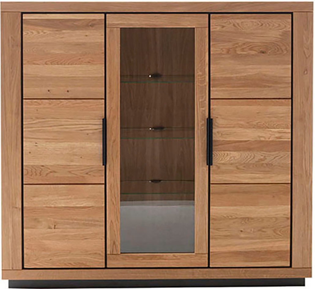 Highboard MCA LIVING, B:153cm H:142cm T:40cm, beige, Glas, Holzwerkstoff, Massivholz, Wohnzimmer, Sideboards, "Greno Highboard", durchgehende Lamelle