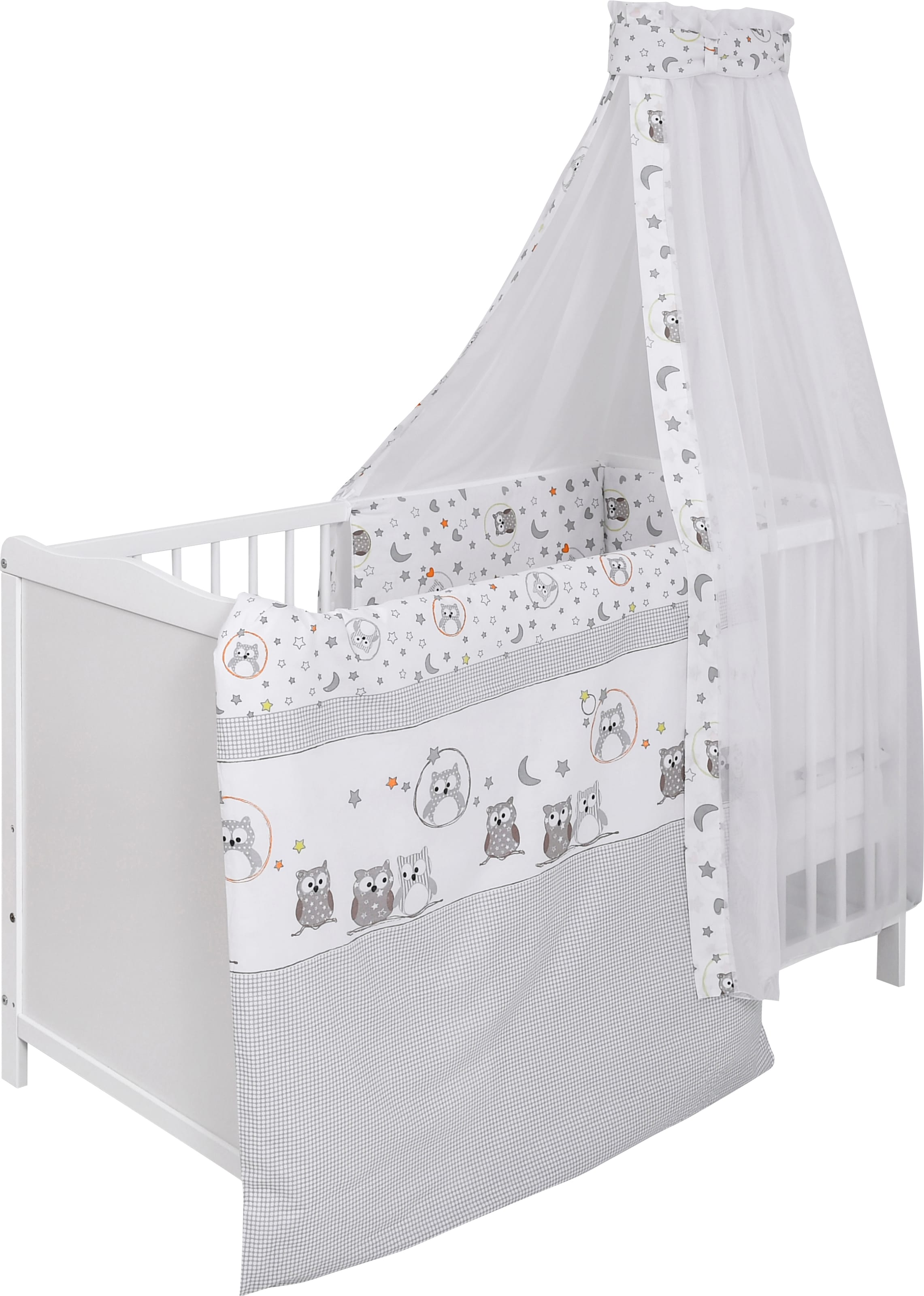 Lüttenhütt Babybett »Komplettbett, Textilset "Eule", in 2 Größen«, (4 tlg.), mit Bettbezug, Bettumrandung, Himmel, Matratze, Himmelstange