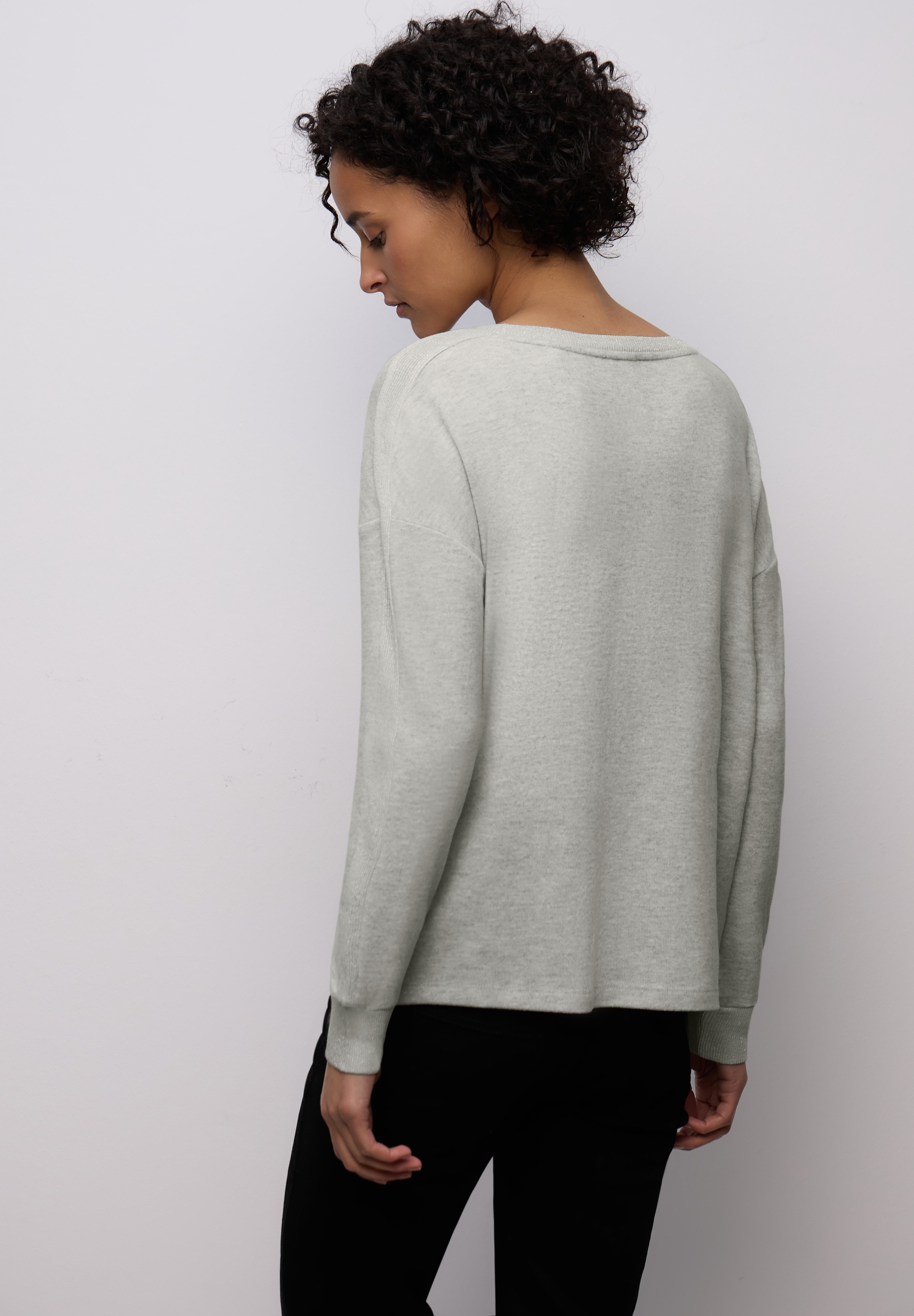 Langarmshirt STREET ONE, Damen, Gr. 42, pelican grau meliert, Stoff, 80% Viskose, 15% Polyester, 5% Elasthan, unifarben, normal normal, U-Boot-Ausschnitt, Rippbündchen, Shirts Langarmshirt, mit Glitzer-Detail 6