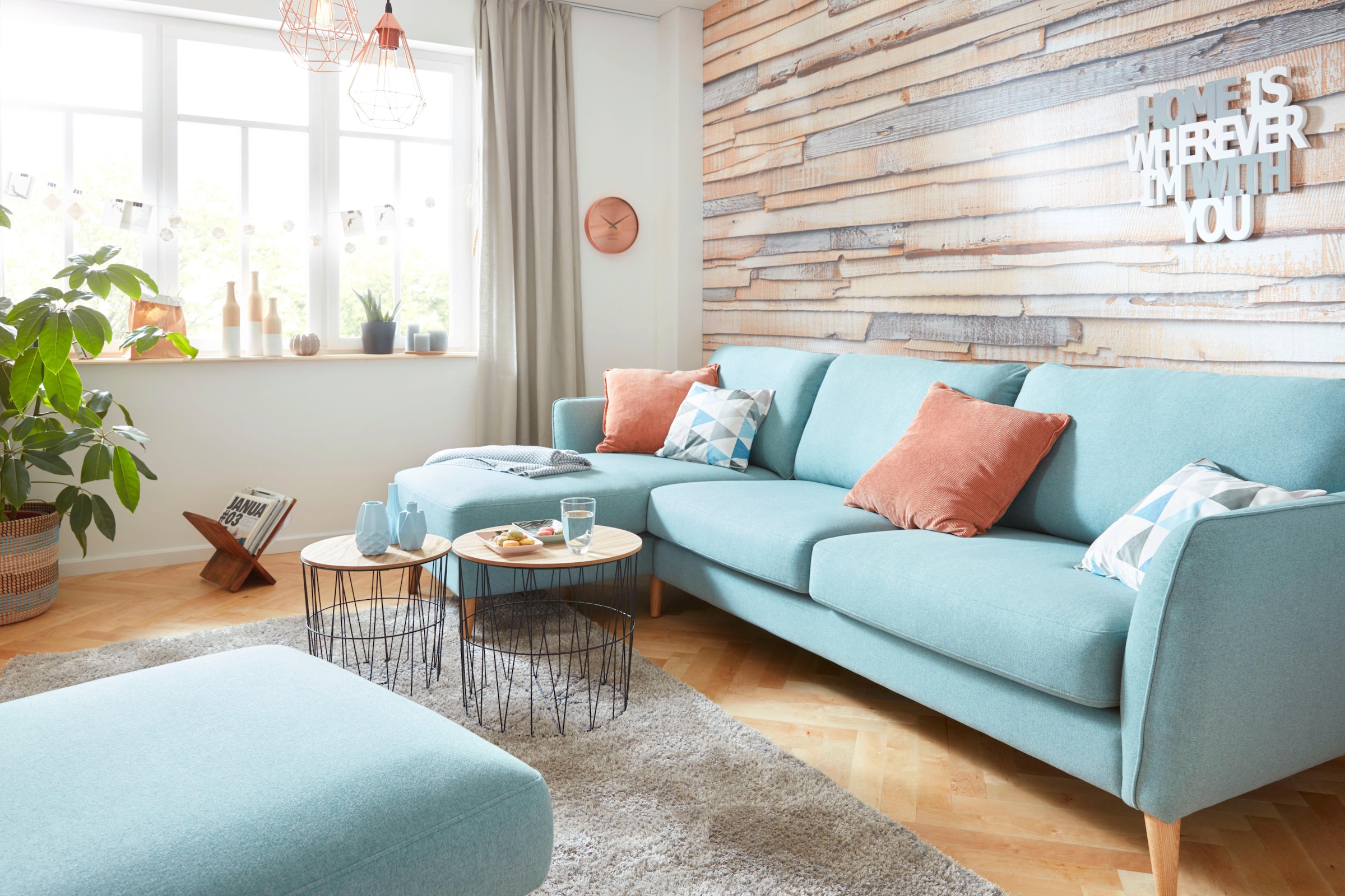 Home affaire Ecksofa »MARSEILLE (279/152cm),L-Form, Rec. rechts/links, verschiedene Bezüge«, Massivholzbeine Eiche, Landhausstil, Wellenunterfederung