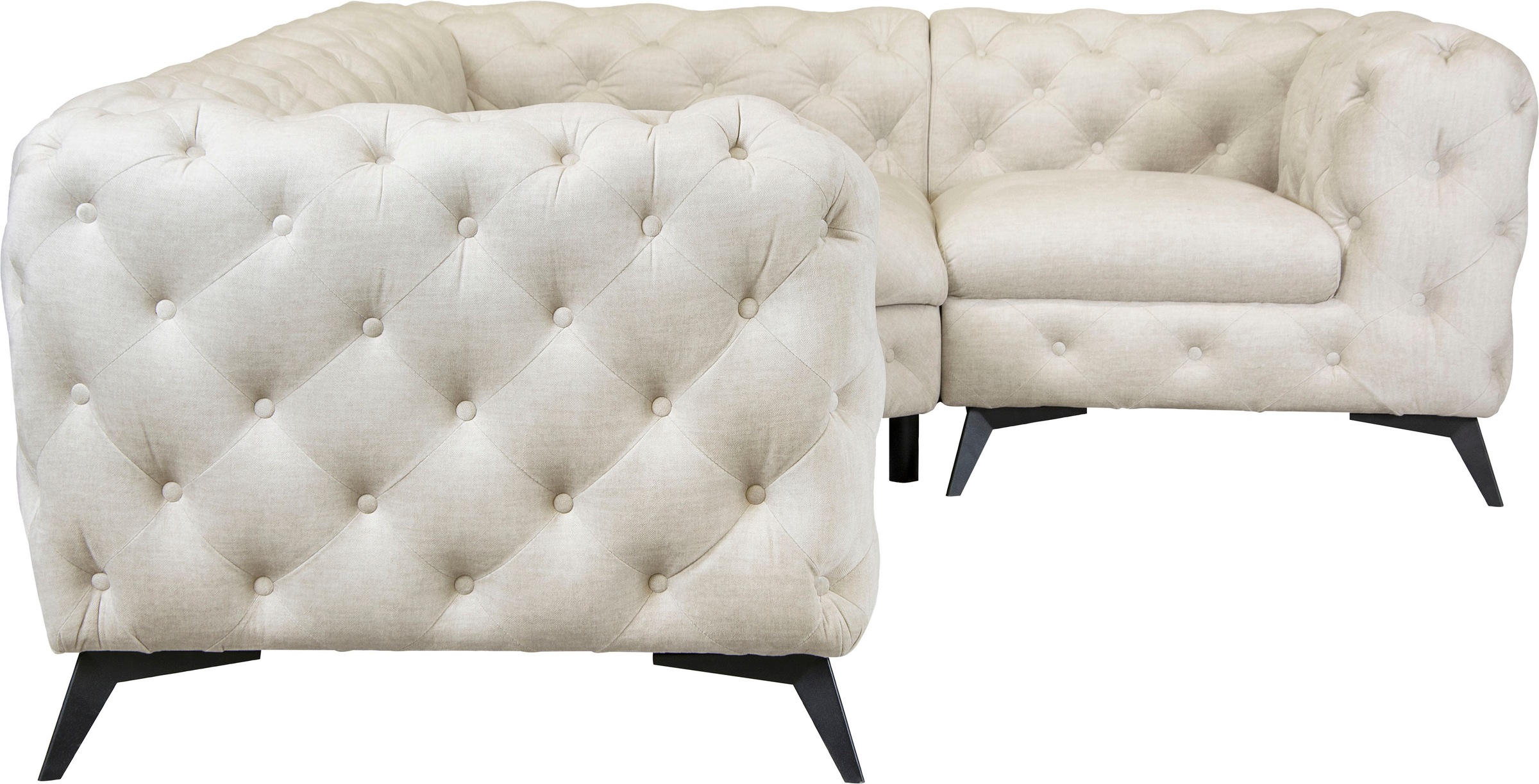 Leonique Chesterfield-Sofa »Ecksofa GLYNIS L-Form mit Wellenunterfederung, Maße B/T/H 264/204/75cm«, aufwändige Knopfheftung, moderne Chesterfield Optik, Fußfarbe wählbar