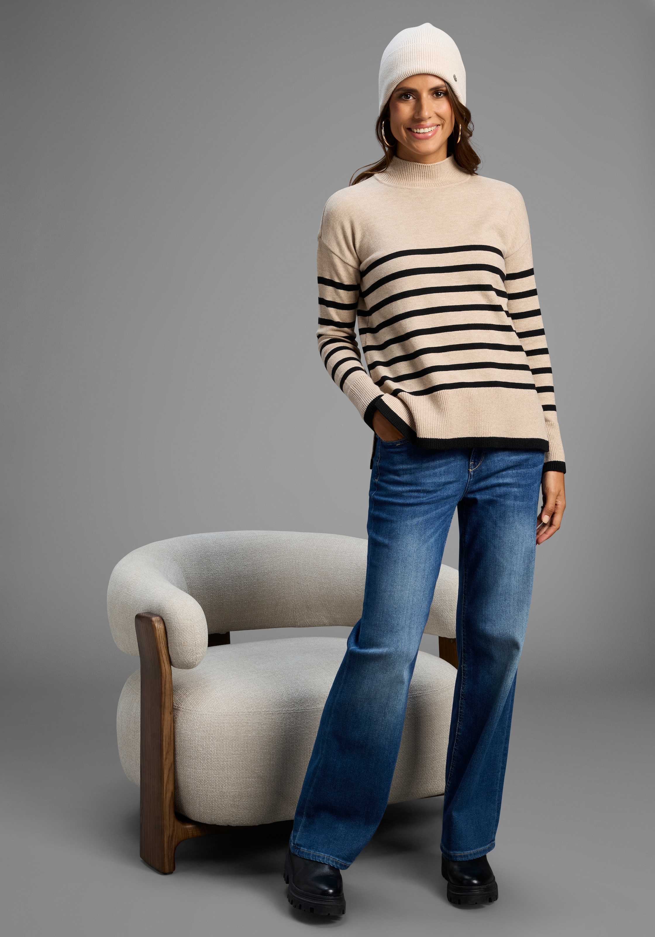 Laura Scott Streifenpullover, mit Stehkragen und seitlichen Schlitzen - NEUE KOLLEKTION