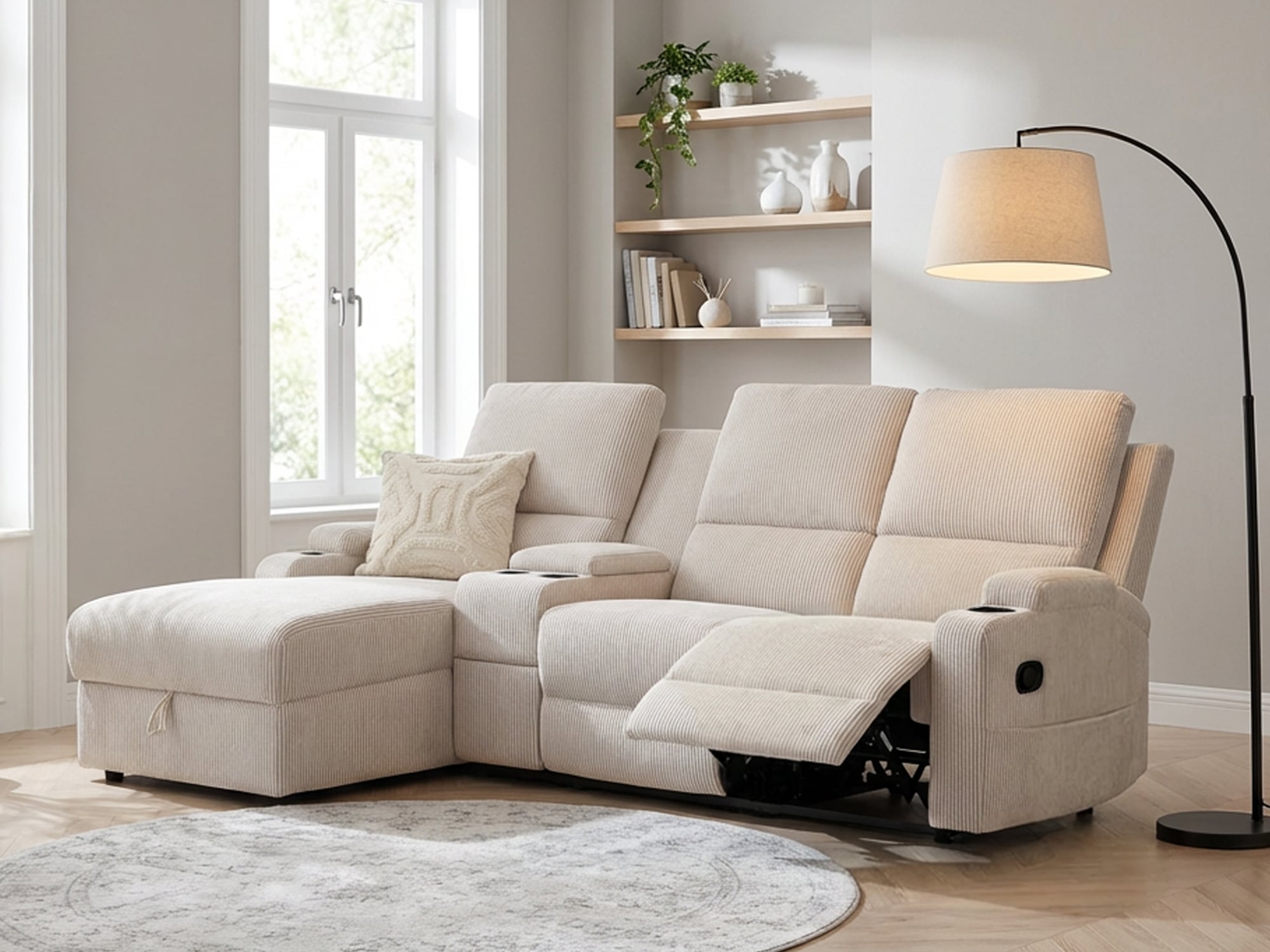 OTTO home Ecksofa "NAPORI Cord, Multimediasofa, 3er Kinosessel XXL, L-Form" Kinosofa, manuelle o. elektr. Relaxfunktion, Staufach, Getränkehalter