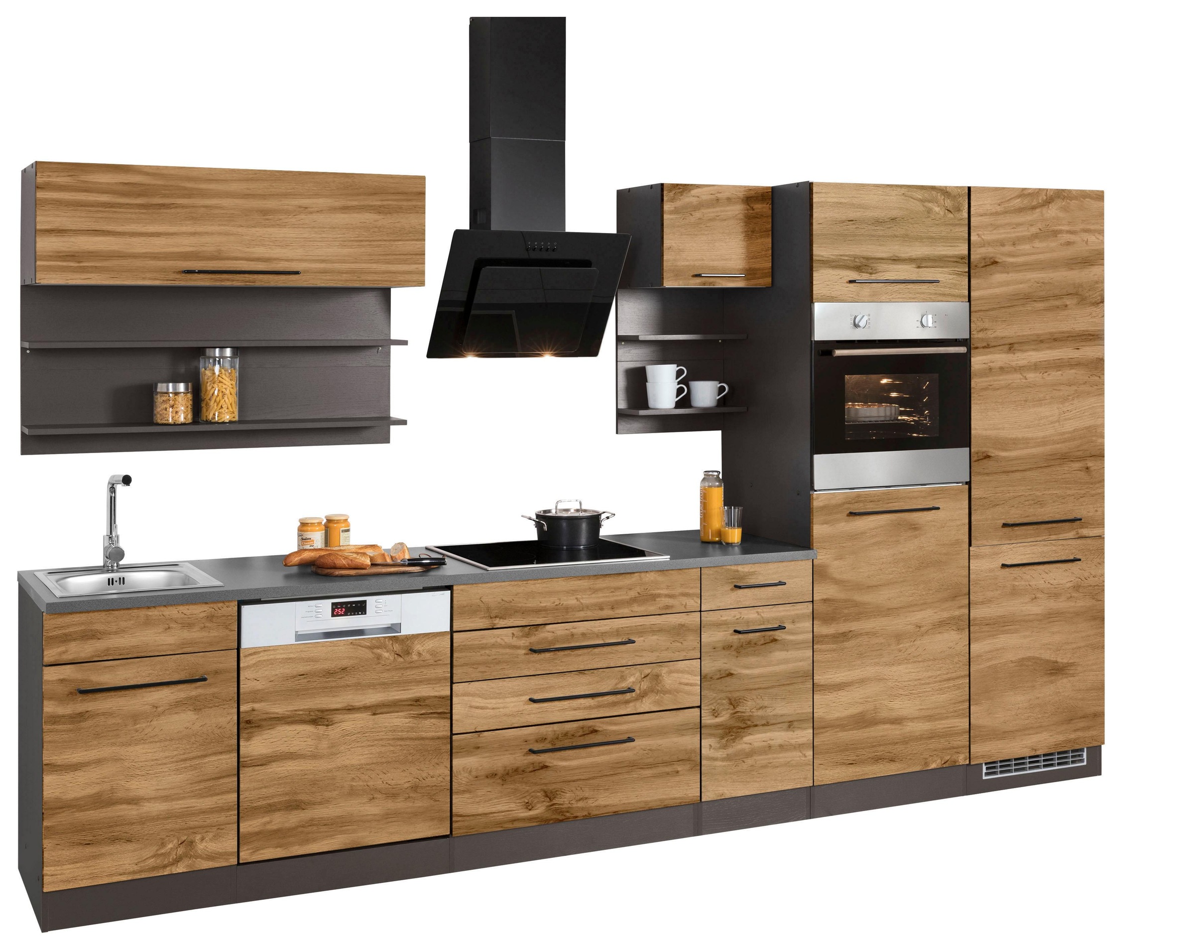 KOCHSTATION Küchenzeile »KS-Tulsa«, ohne E-Geräte, Breite 350 cm, schwarze Metallgriffe, MDF Fronten