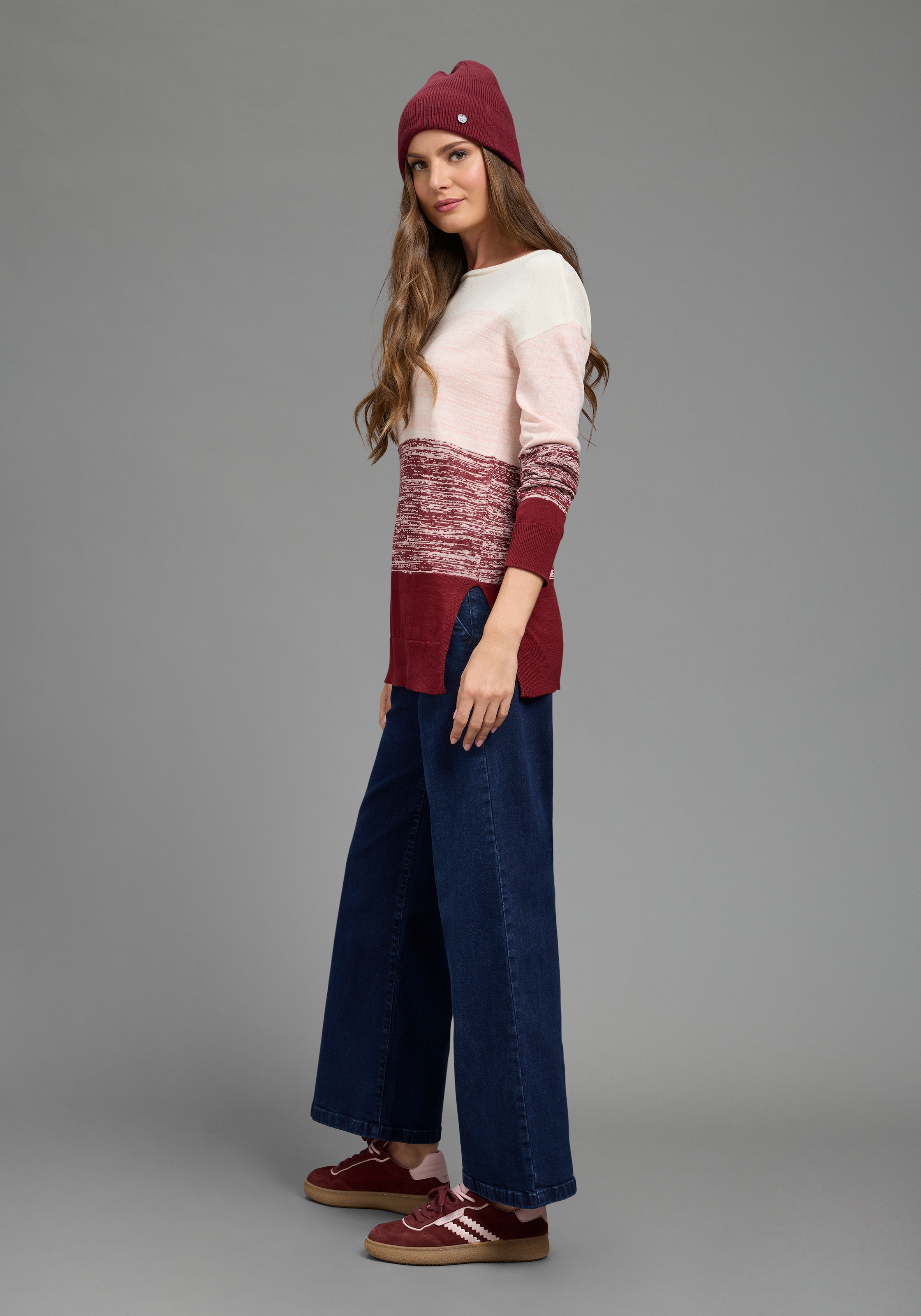 Laura Scott Strickpullover »mit breiten, melierten Streifen« aus Feinstrick, figurumspielende Passform