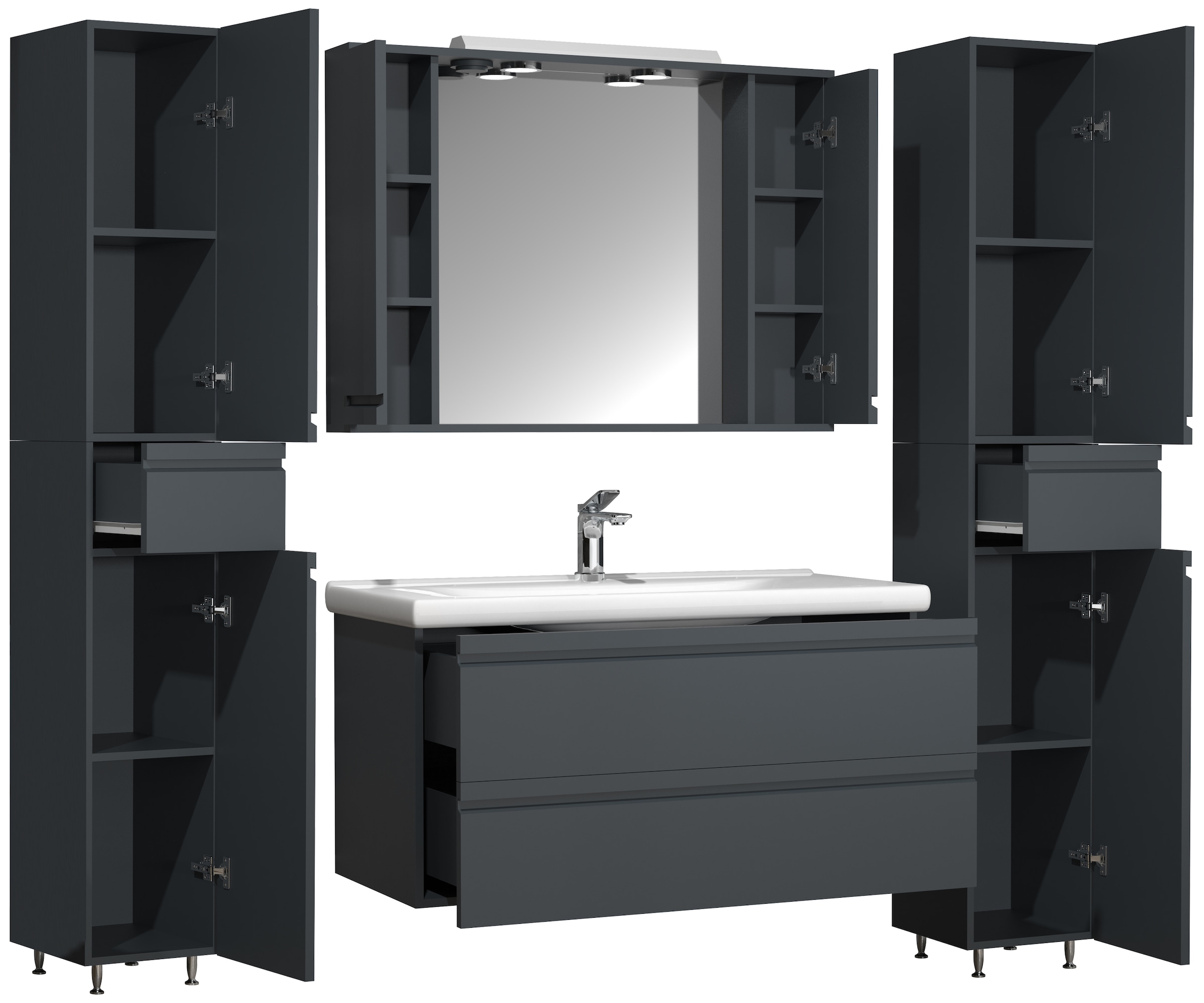 VCM Waschbeckenunterschrank »VCM 5-tlg. Waschplatz Waschtisch 100 cm Badmöbel Set Waschbecken grifflose Schublade Spiegelschrank Hochschrank Silora XL«, (5 St.)