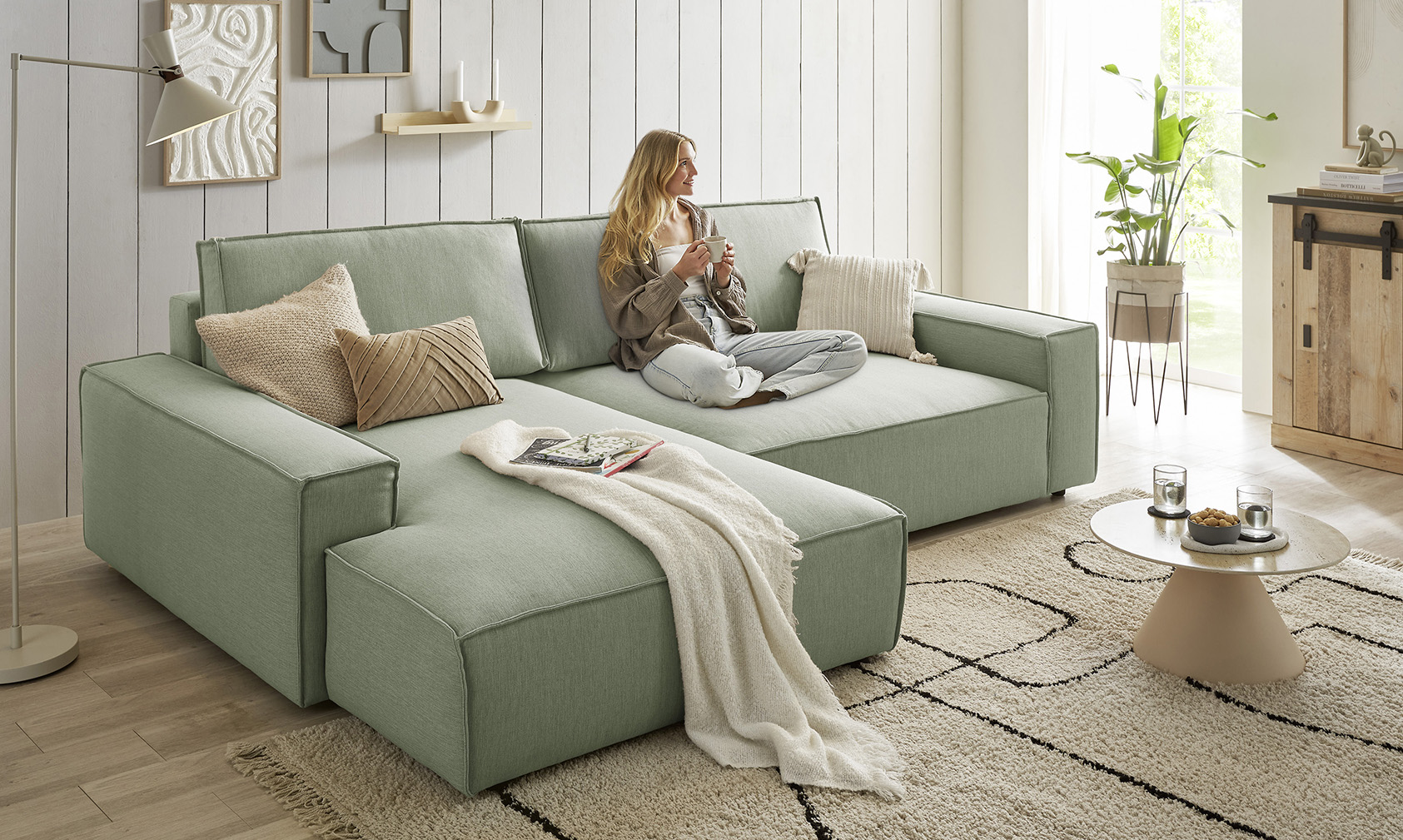 OTTO home Ecksofa "SHERWOOD XXL Leinenoptik 284, Big-Sofa L-Form, tiefe Sitzfläche 95 cm" Recamiere rechts/links, als Schlafsofa stellbar, Cord u. Leinenoptik
