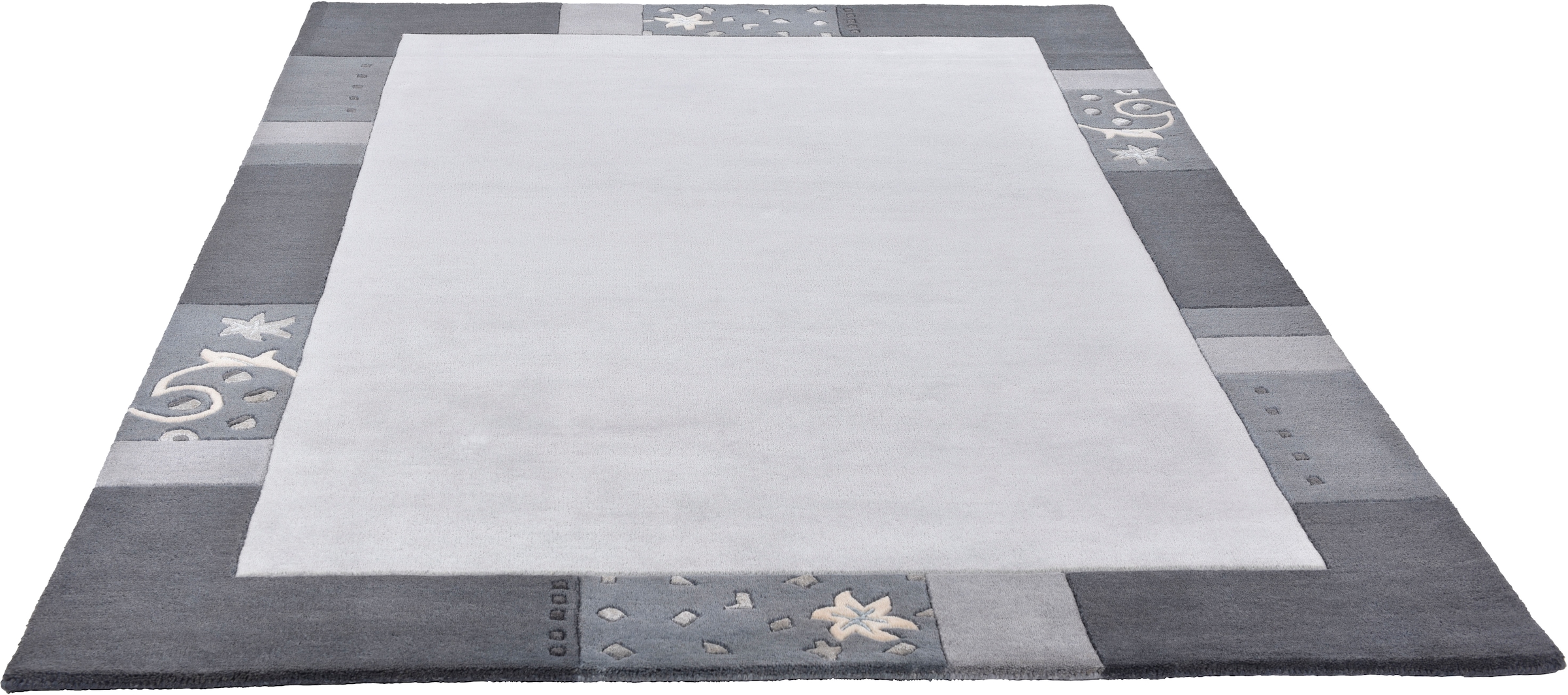 Wollteppich THEKO "Royal Ganges", silber (silberfarben), B:90cm H:13mm L:160cm, Viskose, Wolle, Teppiche, 95% Wolle, mit Bordüre, ideal im Wohnzimmer & Schlafzimmer