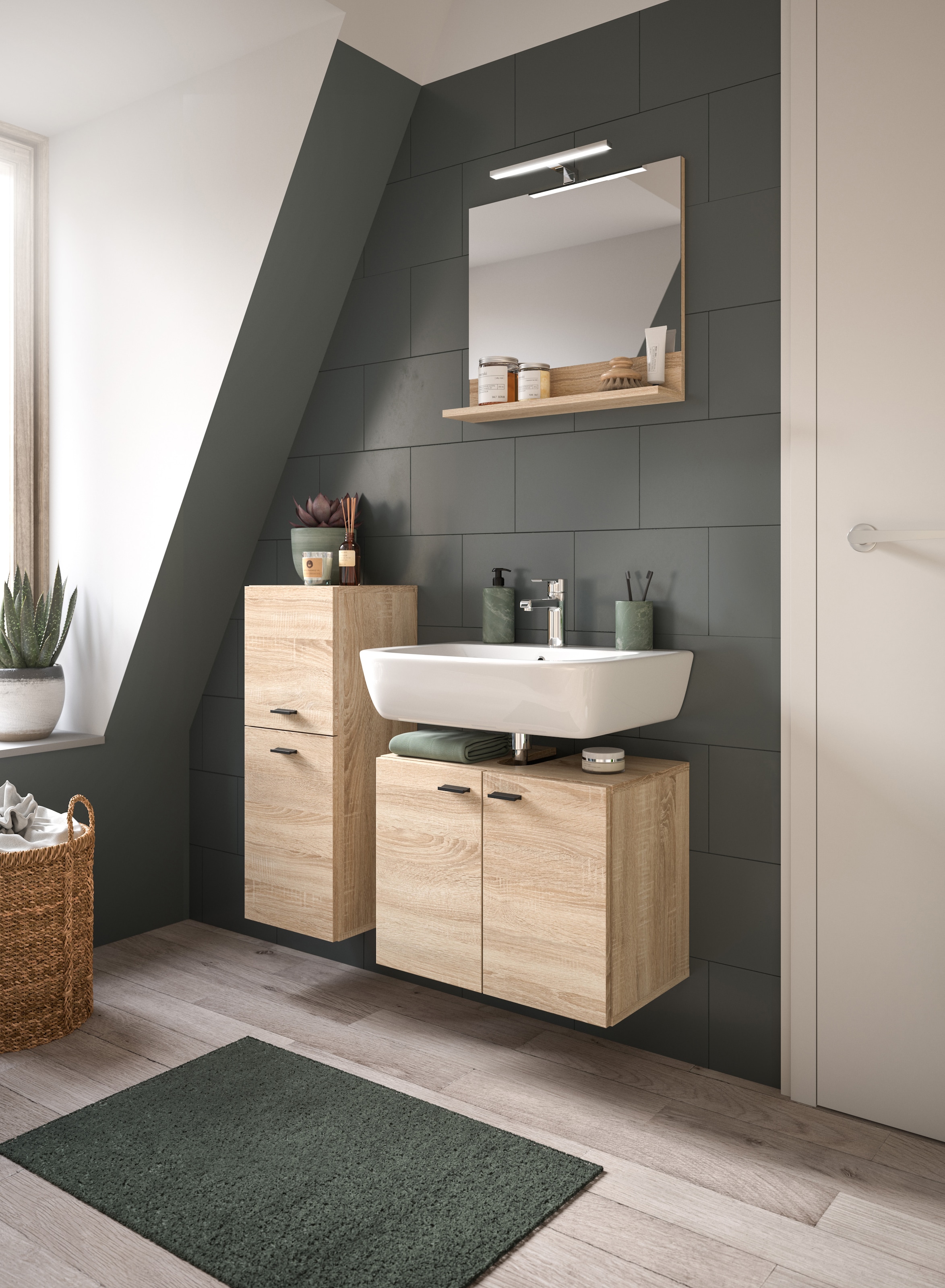 welltime Badmöbel-Set »Tampa, Breite 102cm, 3-teilig«, (3 St.), Waschbeckenunterschrank, Spiegel, Midischrank