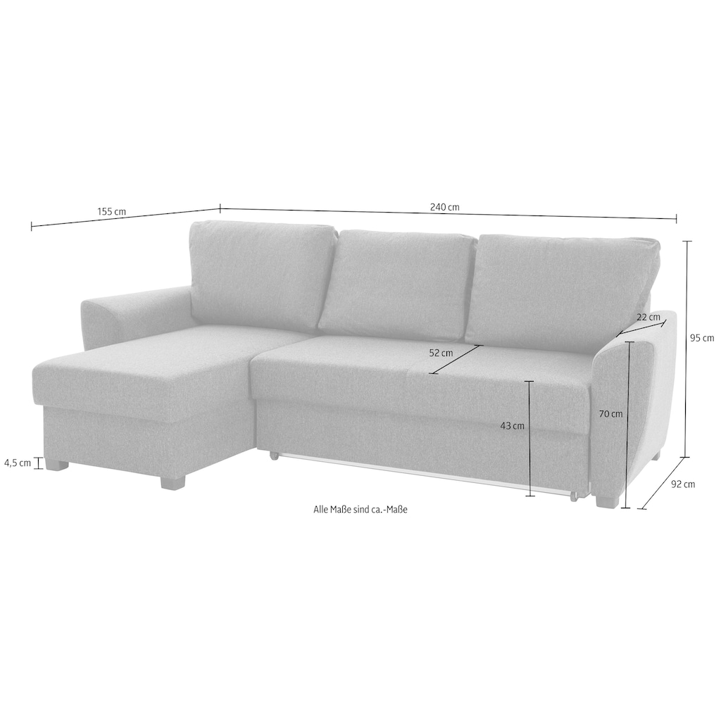 ATLANTIC home collection Ecksofa »L-Form«, inklusive Bettfunktion und Bettkasten