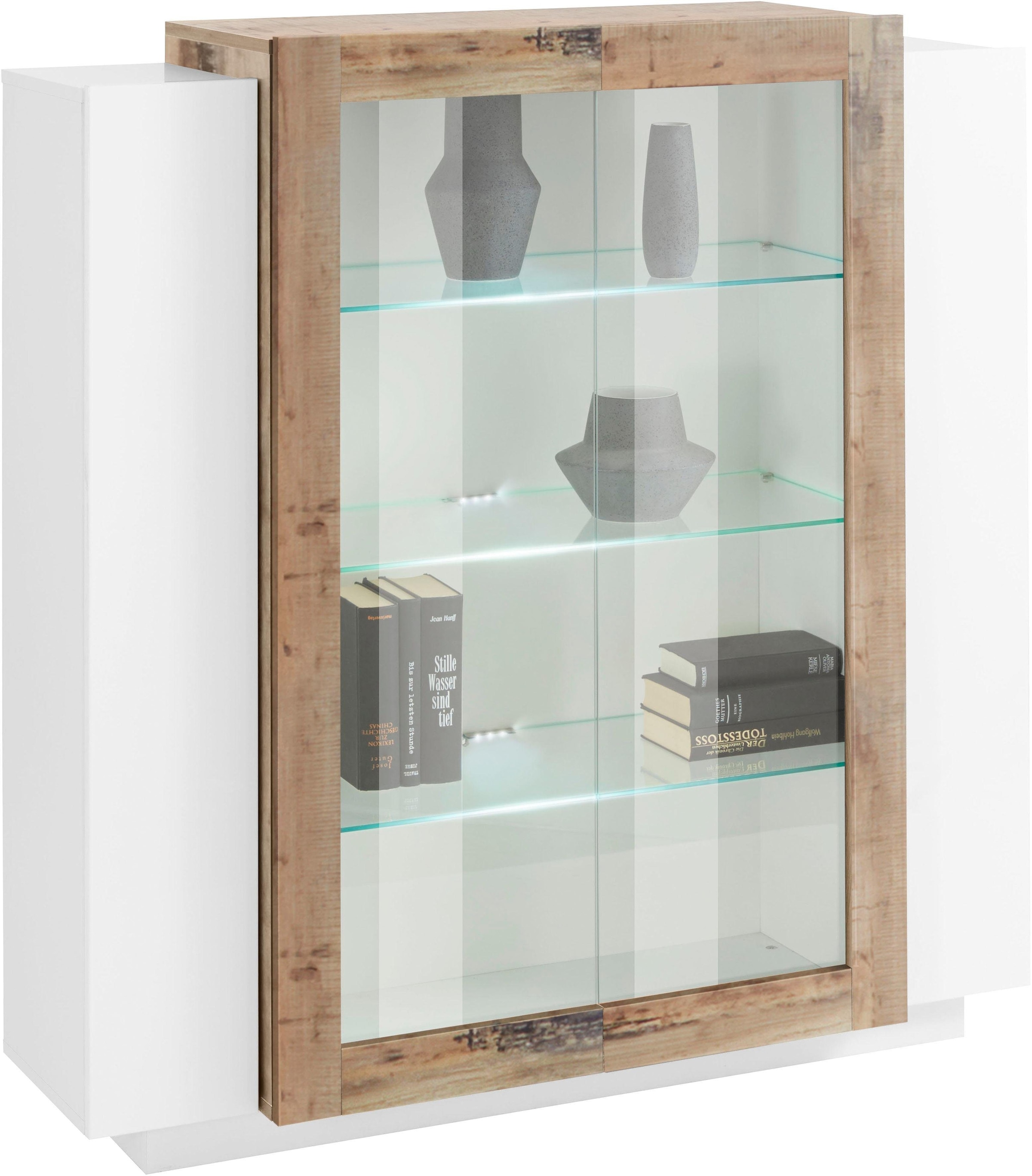 INOSIGN Vitrine »Coro, Vitrine, Glasvitrine, Vitrinenschrank, Stauraumvitrine«, 2 Glastüren, 2 Holztüren, Doppeltiefe, Hochglanz Fronten, Höhe 126