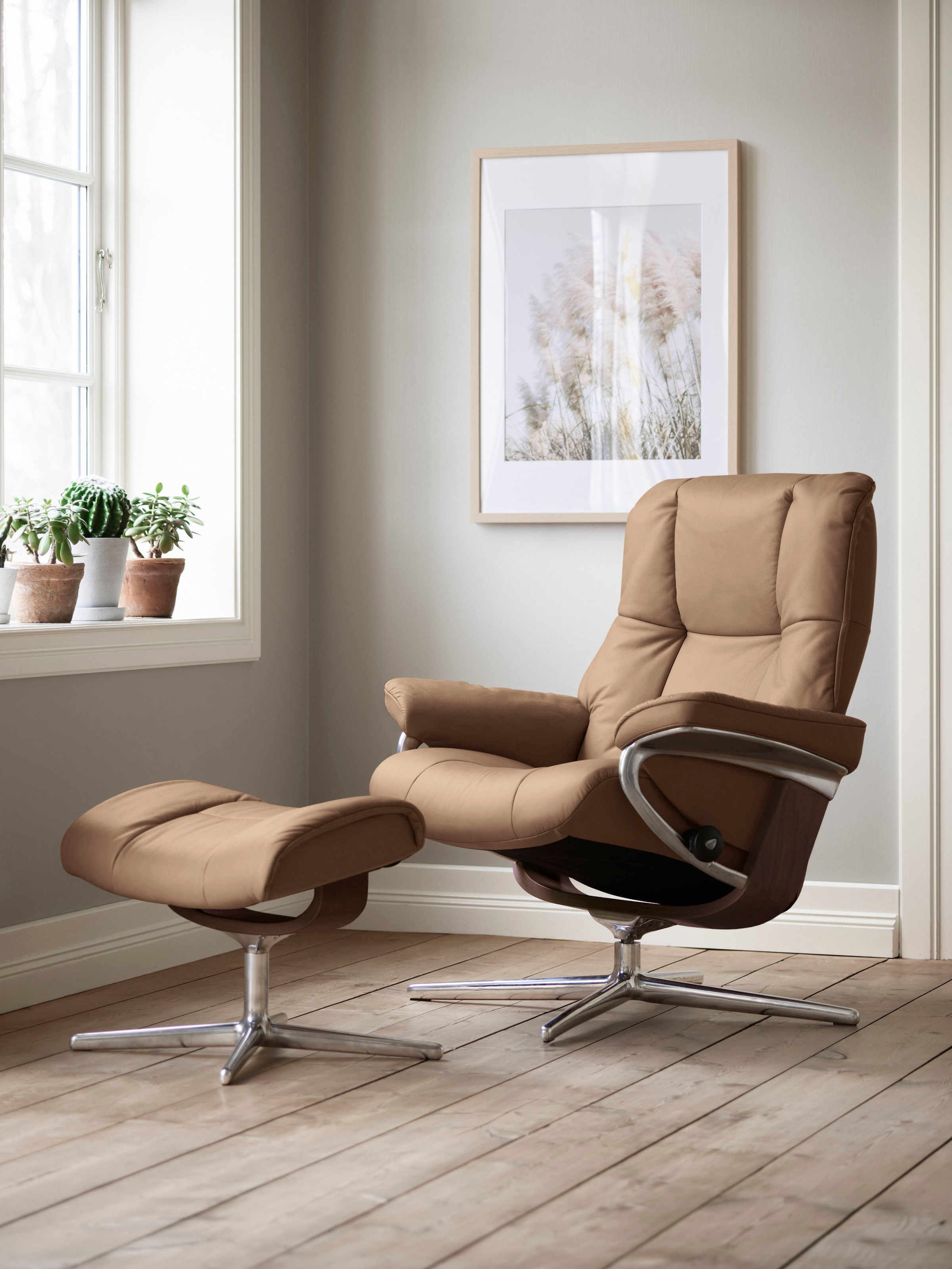 Stressless Relaxsessel "Mayfair" Set, Relaxsessel mit Hocker, mit Hocker, mit Cross Base, Größe S, M & L, Holzakzent Braun