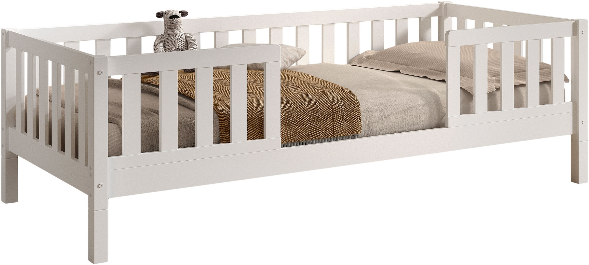 Vipack Daybett "Dallas Massiv Bett mit Rausfallschutz umbaubar vom Boden- zum Daybett" mit Bettschublade, wahlweise Kiefer massiv natur oder weiß