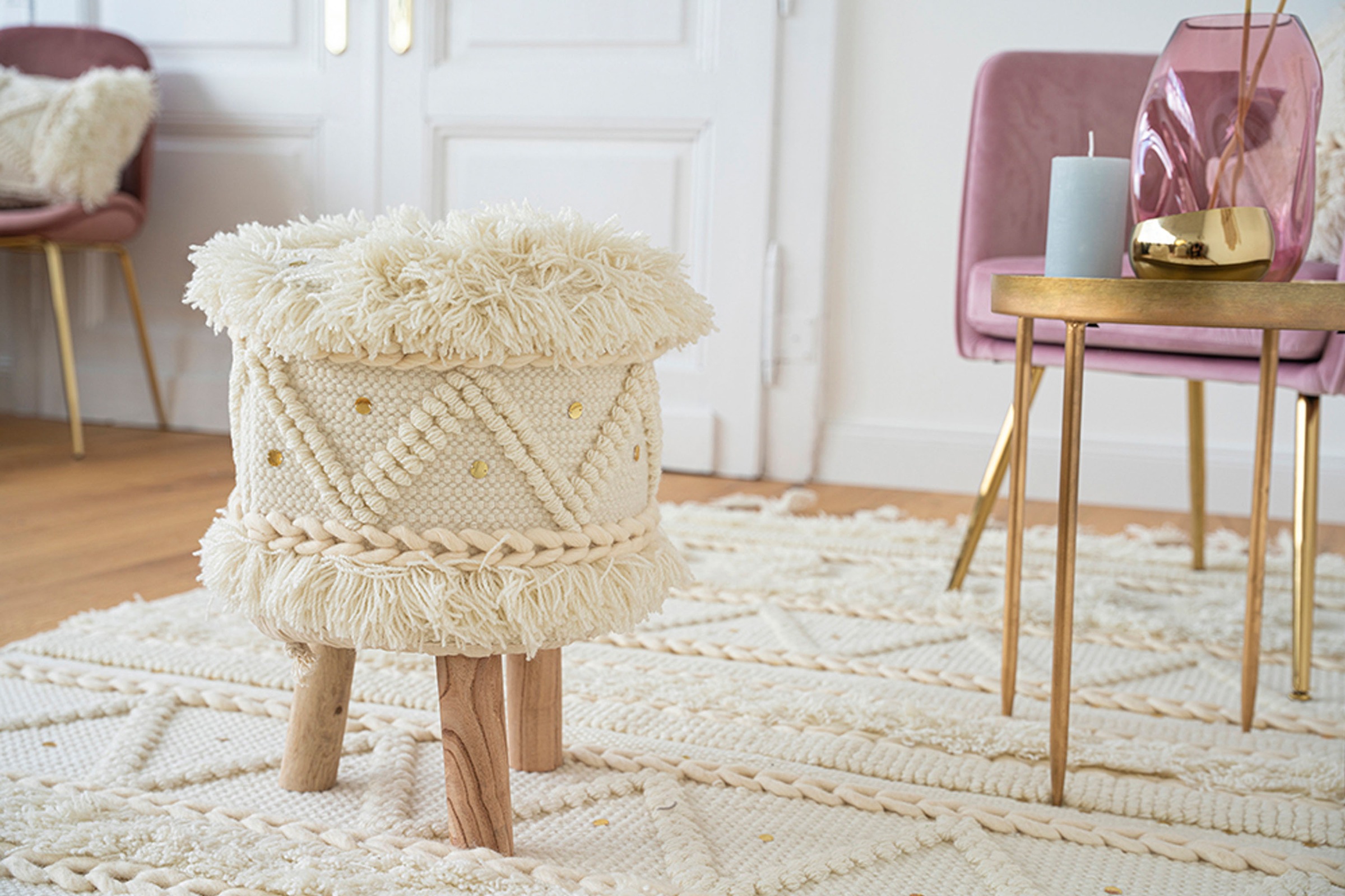 Kayoom Sitzhocker »Hocker Bohist 525, charaktergebende Strukturen mit Fransen und Quasten«, (1 St.), handgefertigtes Unikat, Boho-Style, gut kombinierbar