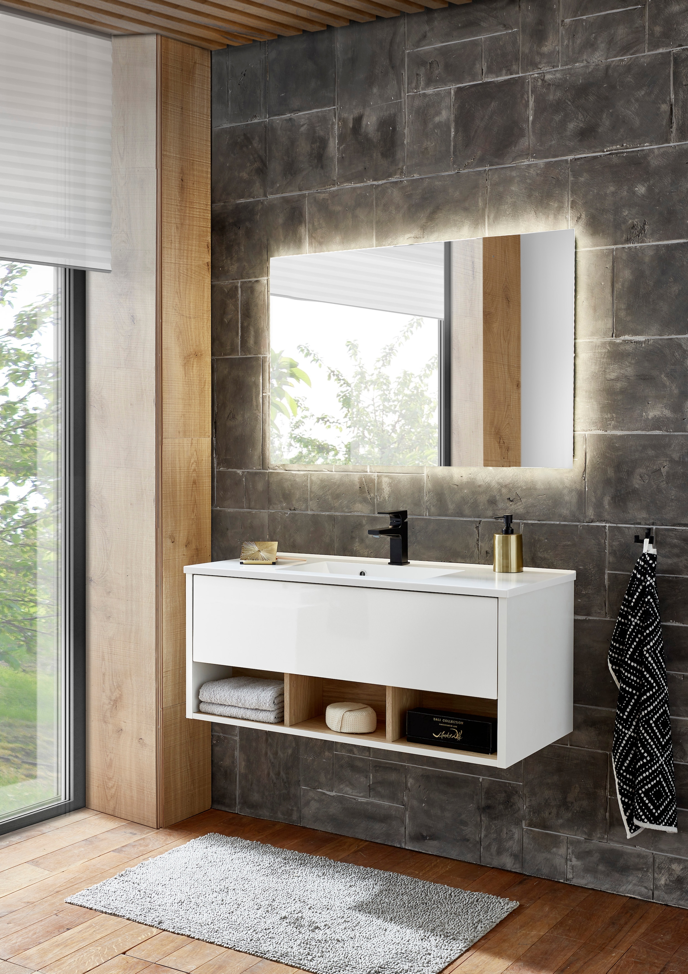 Places of Style Badmöbel-Set »Studio Line, Bad im modernen Design, 2-teiliges Badezimmer«, (2 St.), Waschtisch und Spiegel, in zwei Farben verfügbar, viel Stauraum