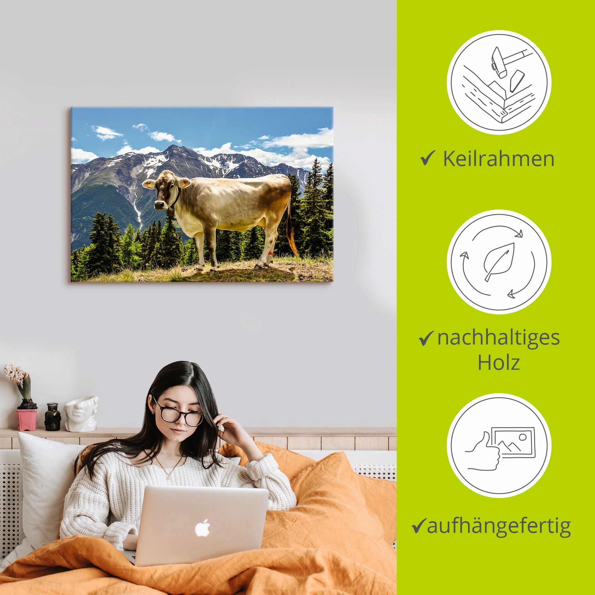 Artland Wandbild »Bergkuh in den Alpen im Sommer«, Haustiere, (1 St.), als Leinwandbild, Poster, Wandaufkleber in verschied. Größen
